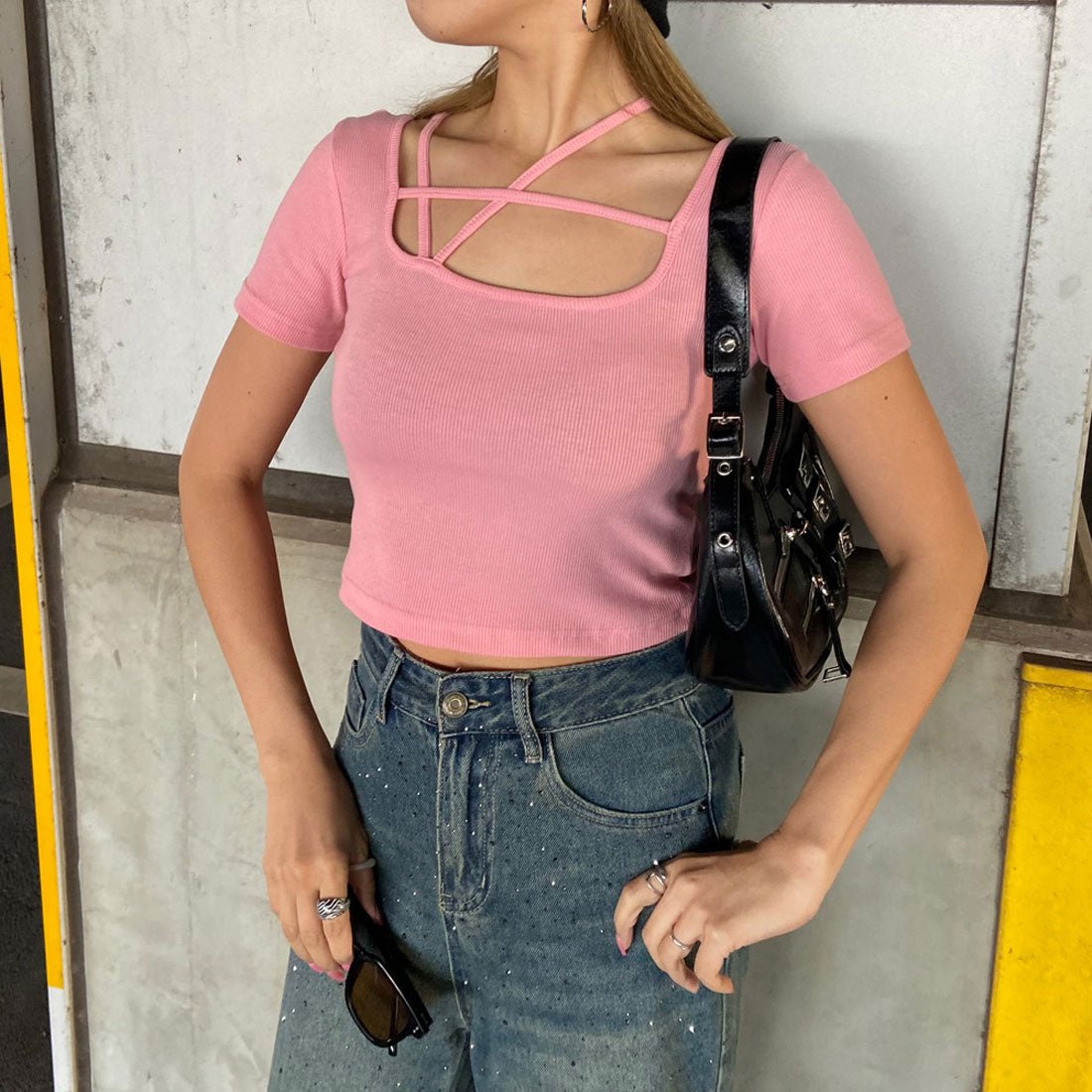 ノンヘッジ non-hedge リブスクエアクロスT (ピンク) ピンク