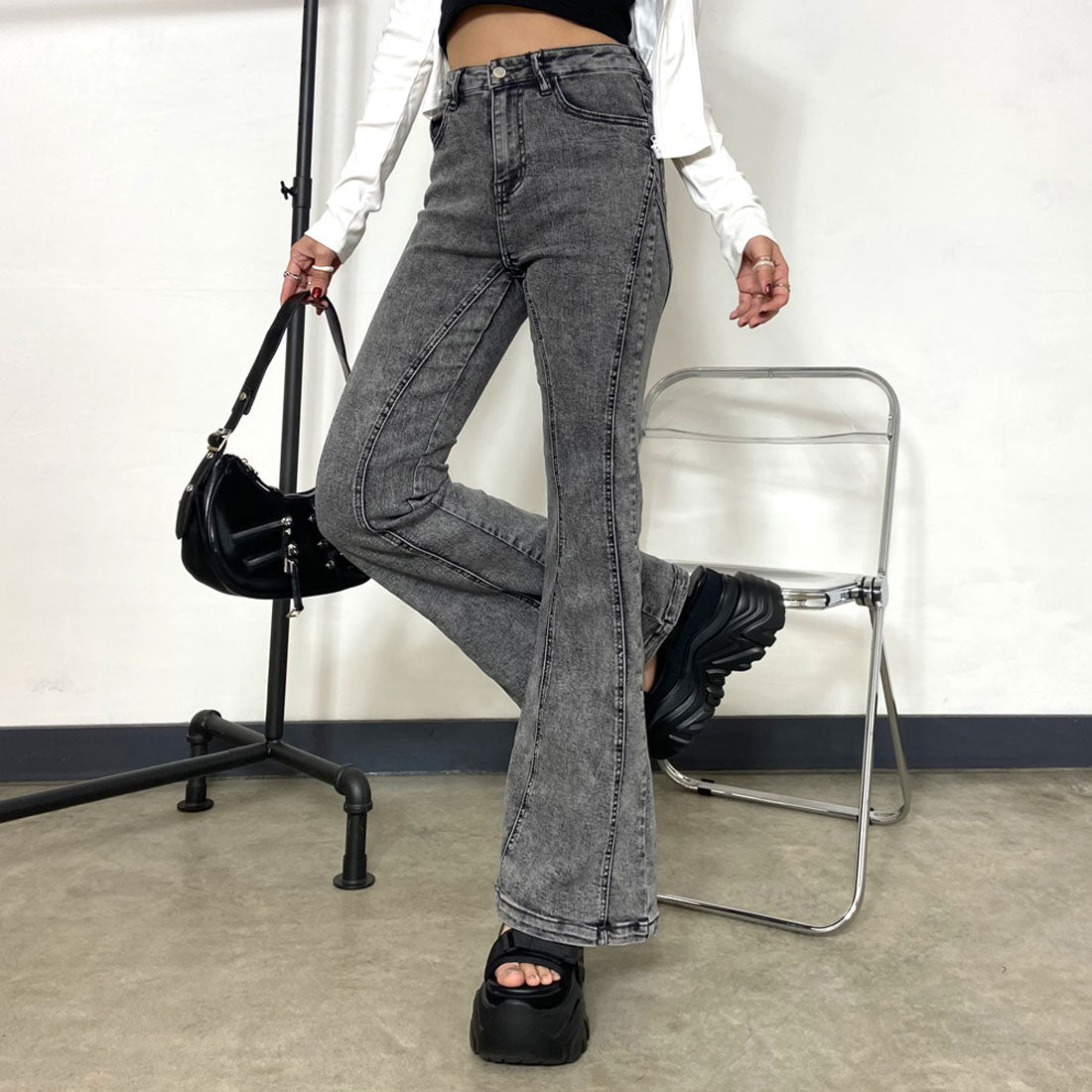 ノンヘッジ non-hedge 切替デニムフレアパンツ (ライトブルー) ライトブルー