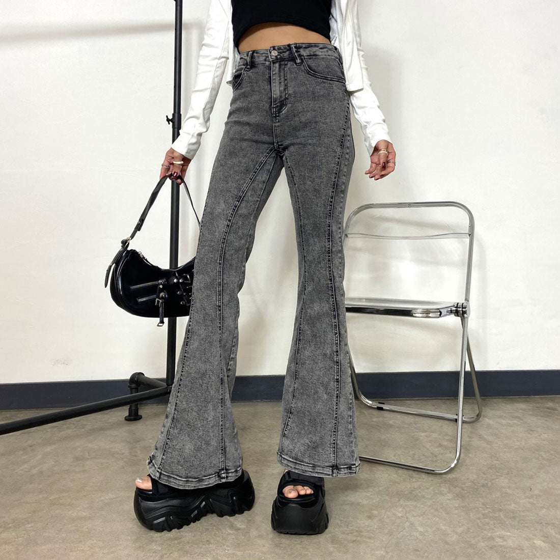 ノンヘッジ non-hedge 切替デニムフレアパンツ (ライトブルー) ライトブルー