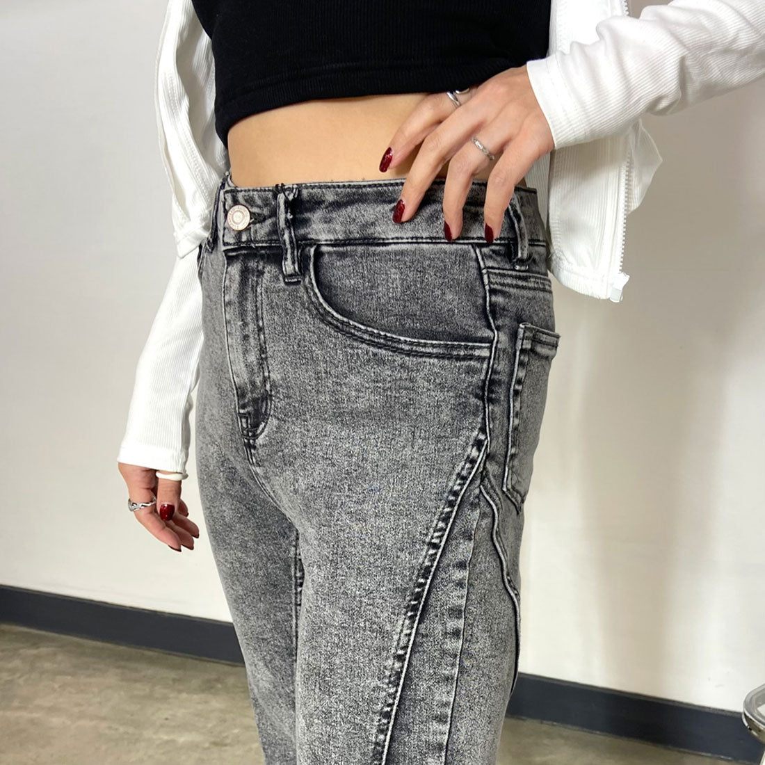 ノンヘッジ non-hedge 切替デニムフレアパンツ (ライトブルー) ライトブルー