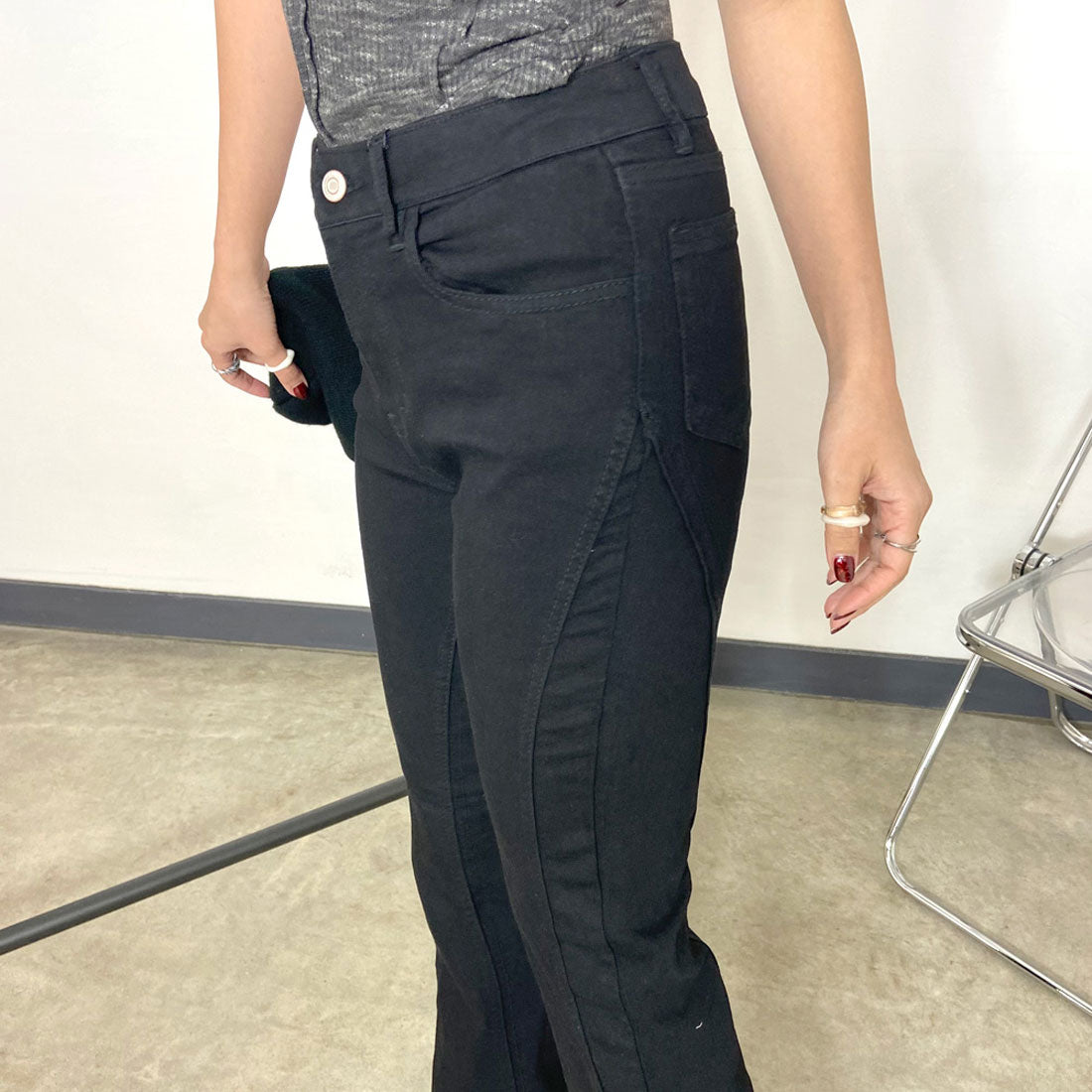 ノンヘッジ non-hedge 切替デニムフレアパンツ (ライトブルー) ライトブルー