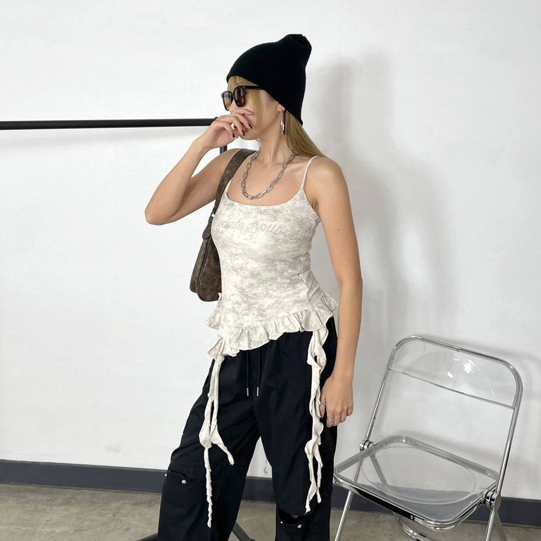 ノンヘッジ non-hedge ストーンロゴアシメトップス (チャコール) チャコール