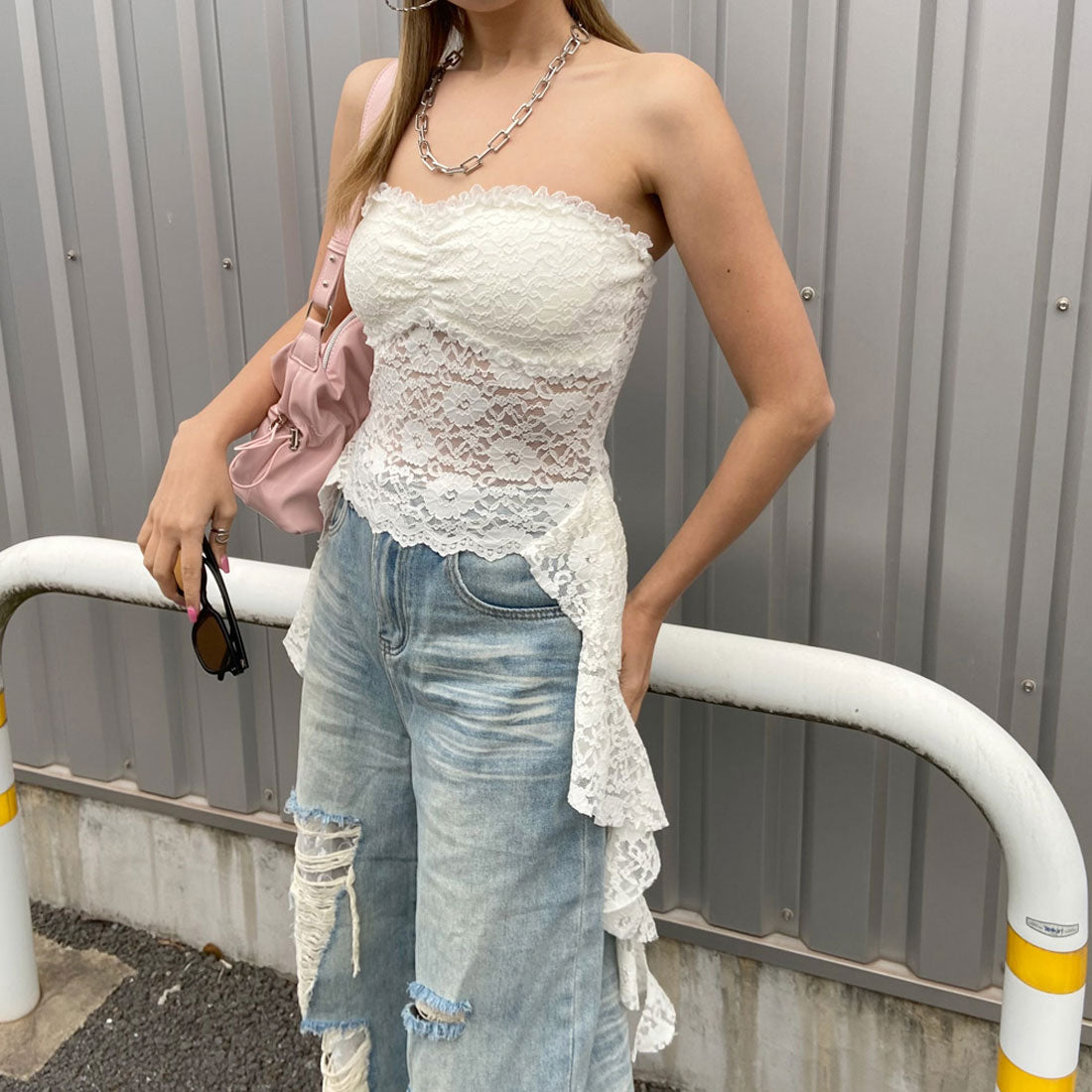 ノンヘッジ non-hedge レースベアアシメトップス (アイボリー) アイボリー