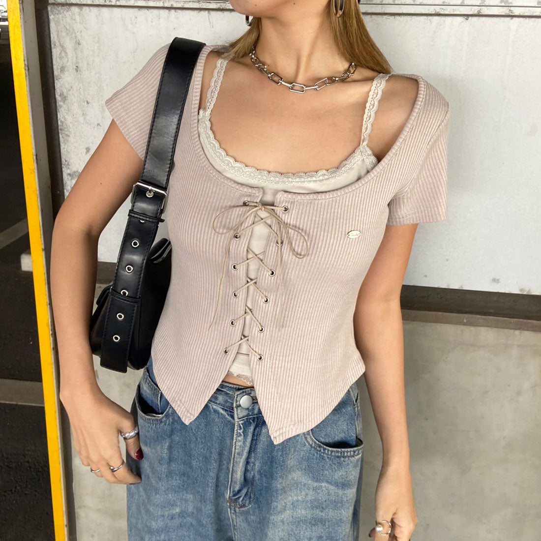 ノンヘッジ non-hedge レースタンクアンサンブル風トップス (ベージュ) ベージュ