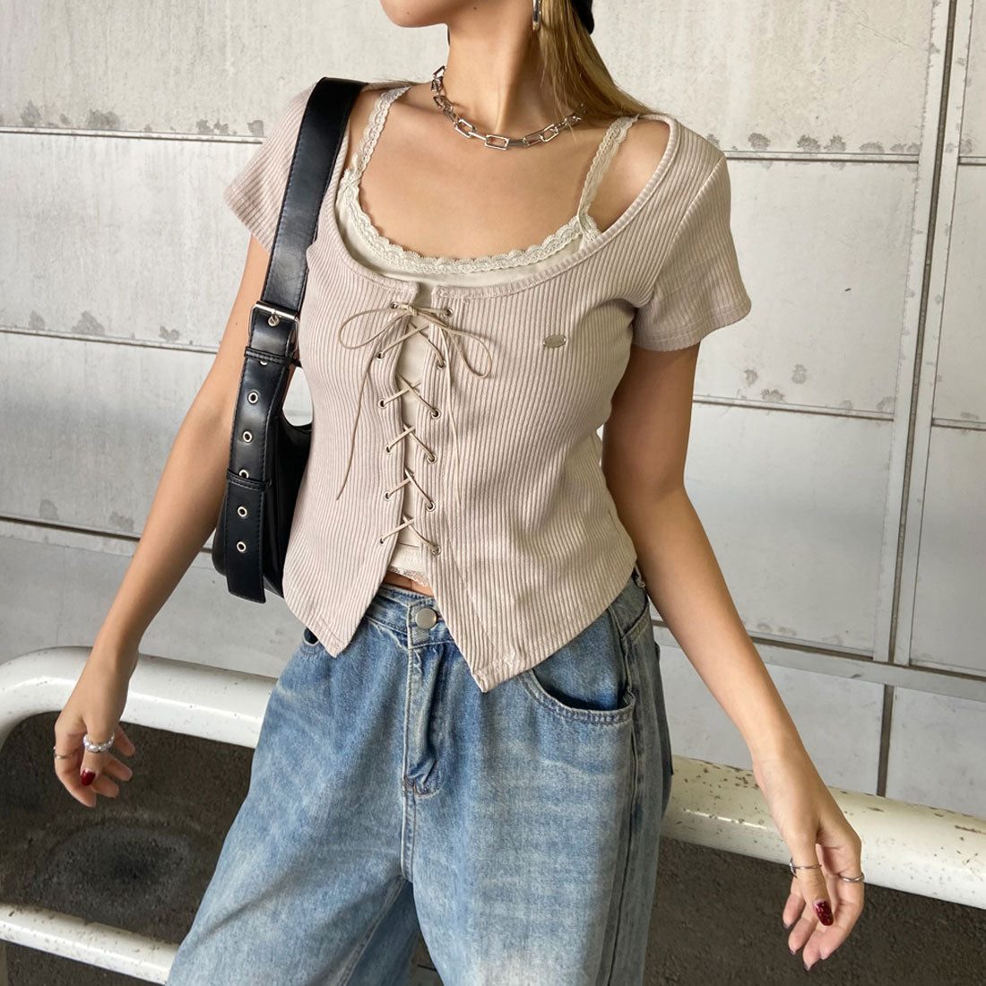 ノンヘッジ non-hedge レースタンクアンサンブル風トップス (ベージュ) ベージュ