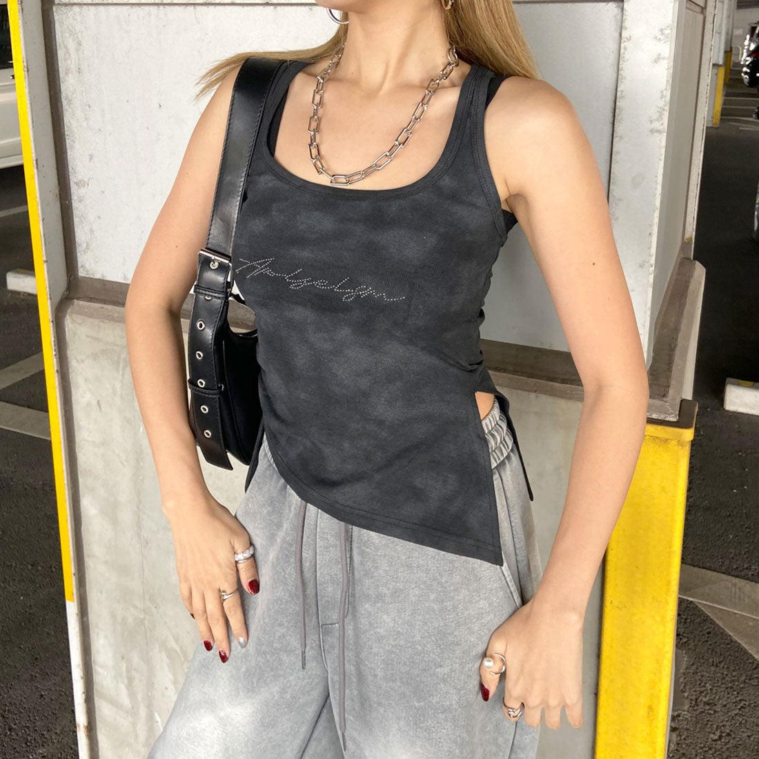 ノンヘッジ non-hedge ストーンロゴサイドドロストタンクトップ (チャコール) チャコール