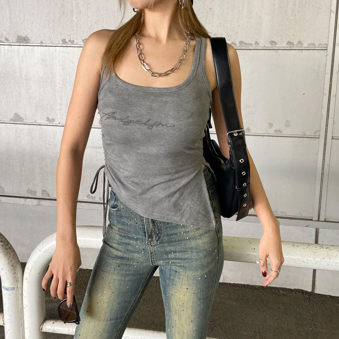 ノンヘッジ non-hedge ストーンロゴサイドドロストタンクトップ (チャコール) チャコール