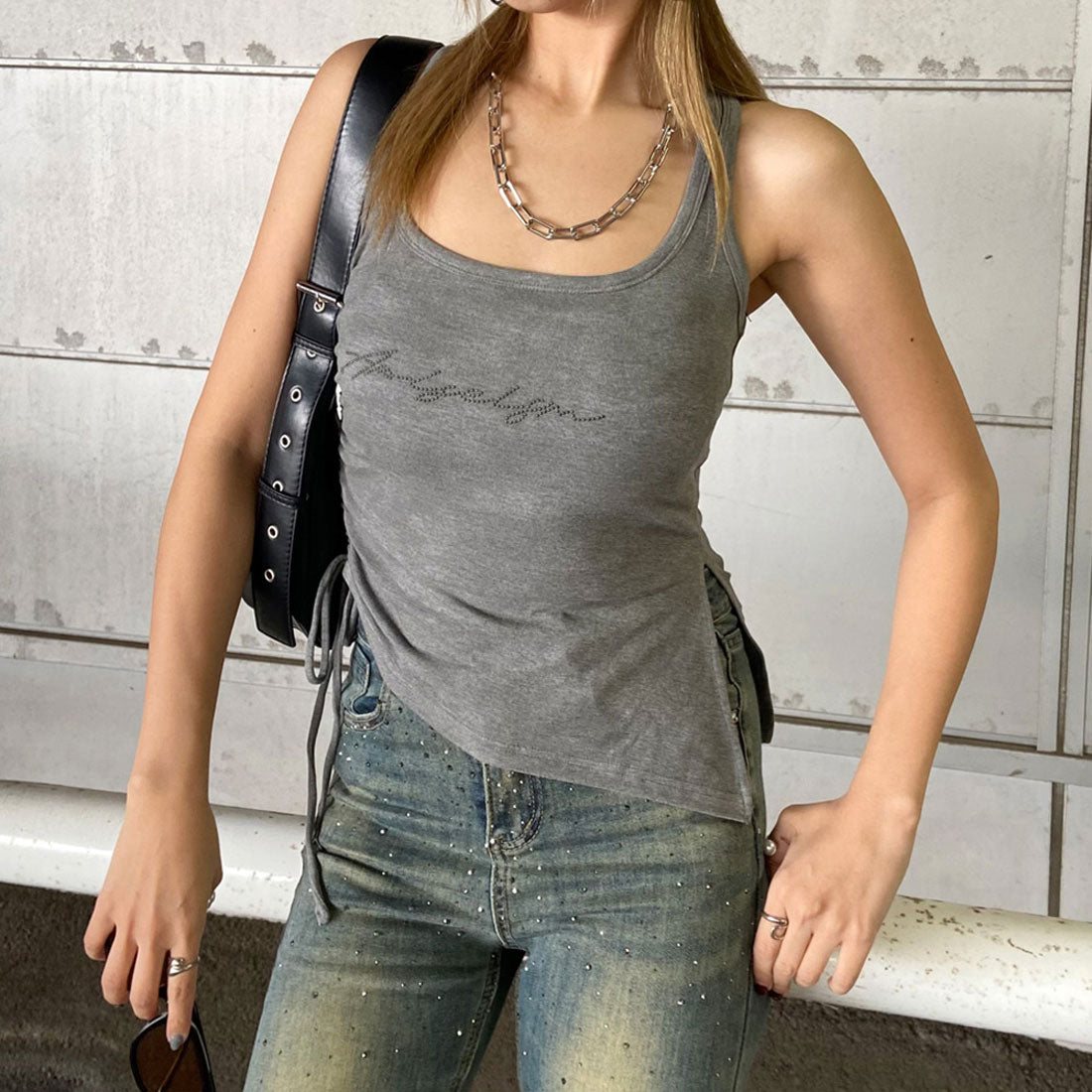 ノンヘッジ non-hedge ストーンロゴサイドドロストタンクトップ (チャコール) チャコール