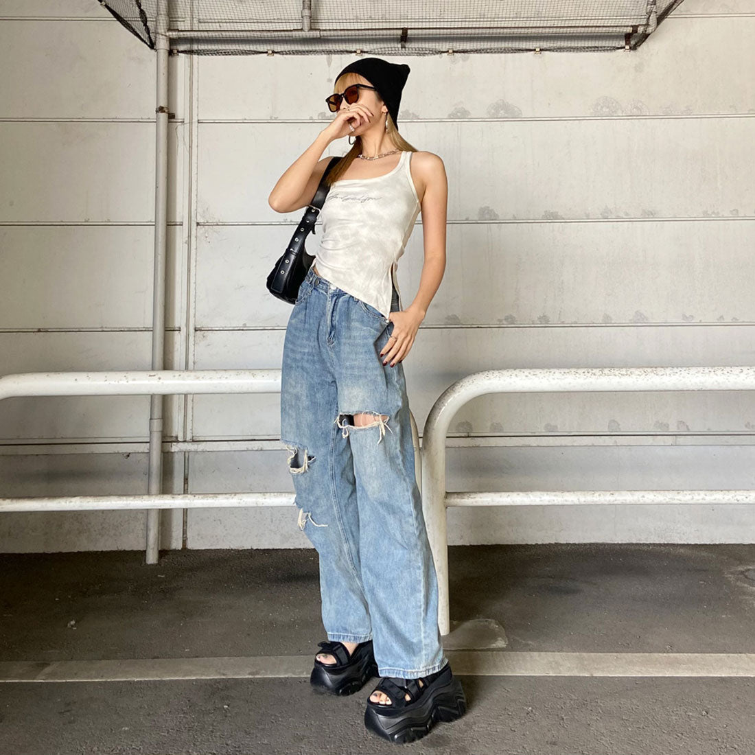 ノンヘッジ non-hedge ストーンロゴサイドドロストタンクトップ (チャコール) チャコール