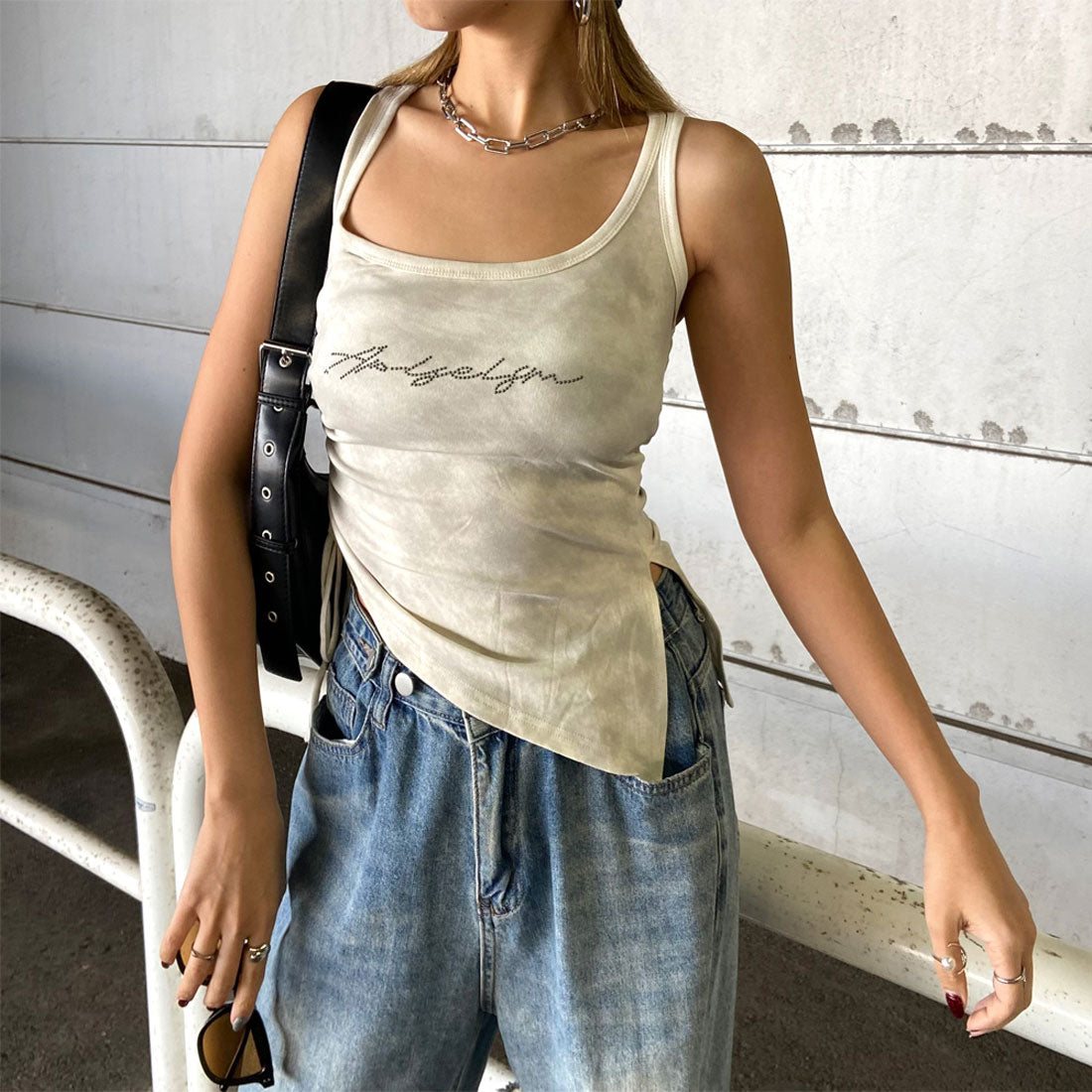 ノンヘッジ non-hedge ストーンロゴサイドドロストタンクトップ (チャコール) チャコール