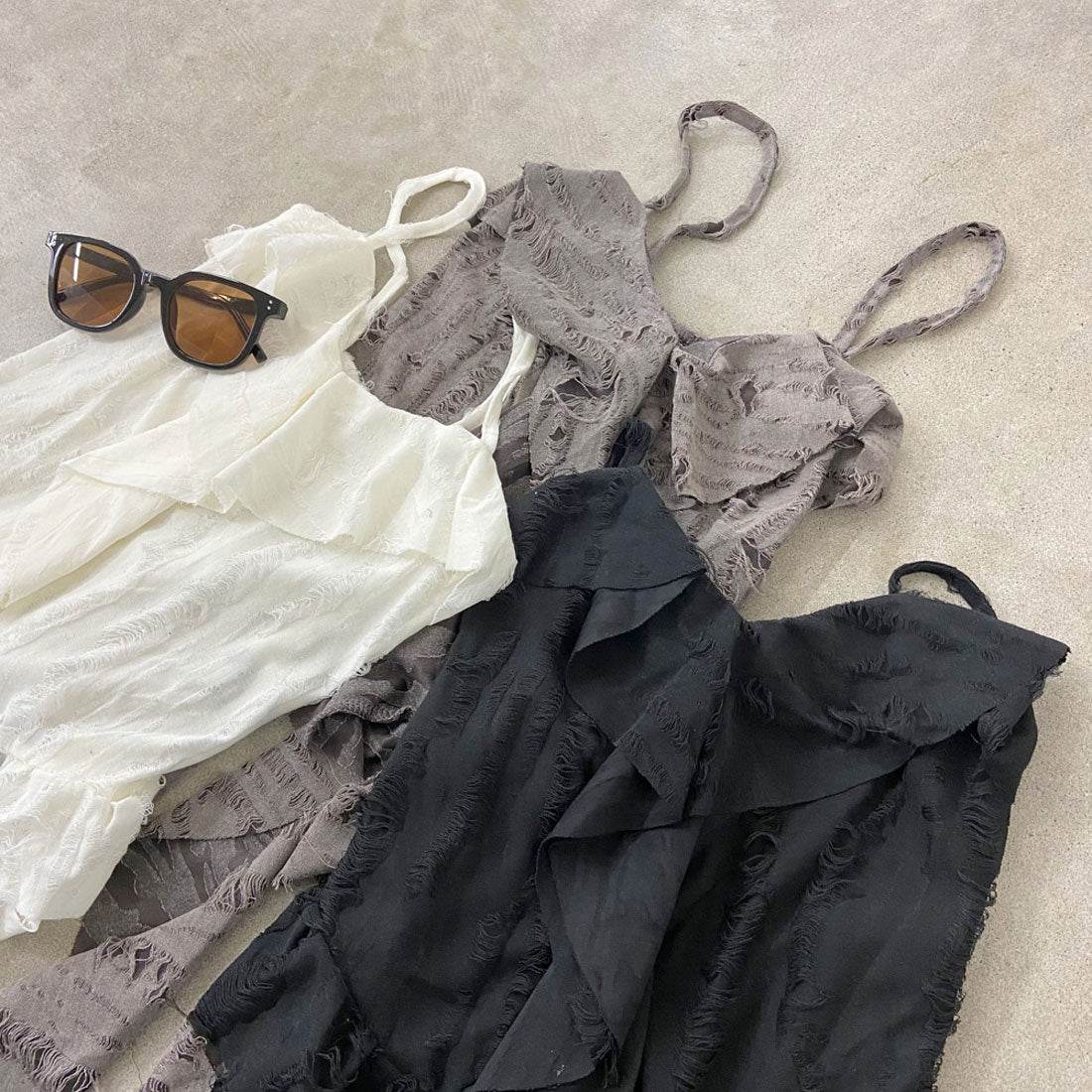 ノンヘッジ non-hedge ダメージフリルアシメキャミソール (チャコール) チャコール