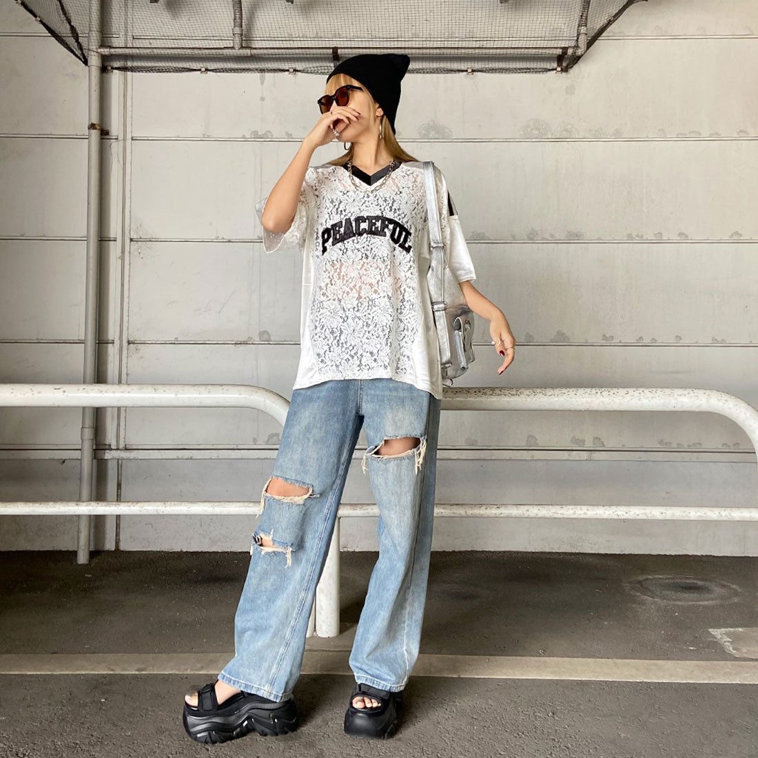 ノンヘッジ non-hedge レースロゴビッグトップス (ブラック) ブラック