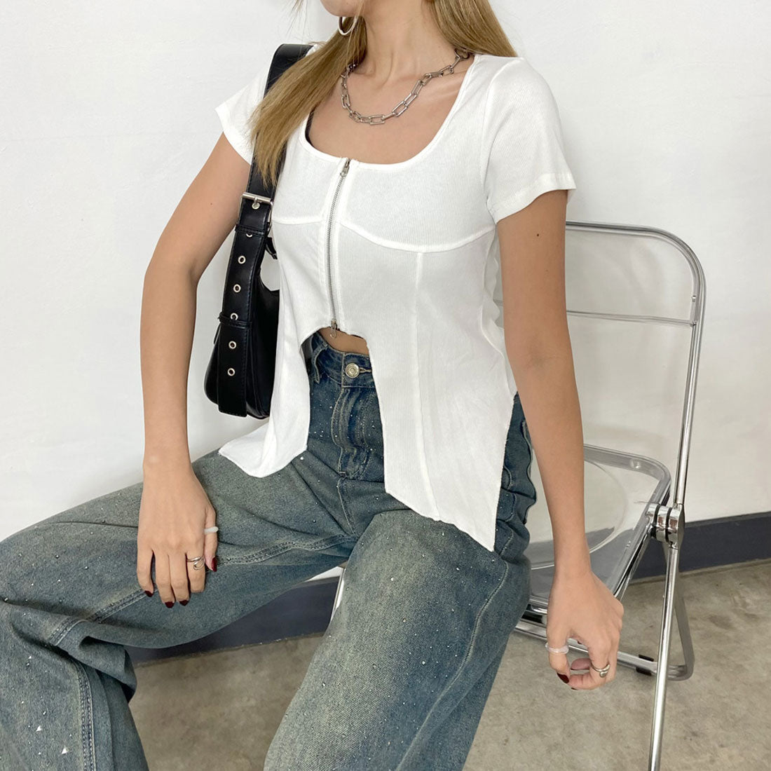 ノンヘッジ non-hedge リブZIPイレギュラーヘムトップス (ブラック) ブラック