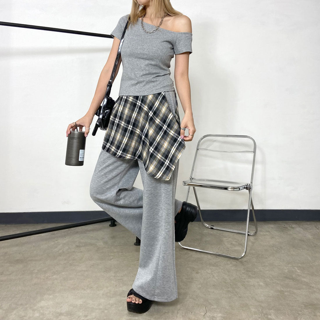 ノンヘッジ non-hedge Tシャツ・チェックレイヤード付きワイドパンツセットアップ (ブラック) ブラック