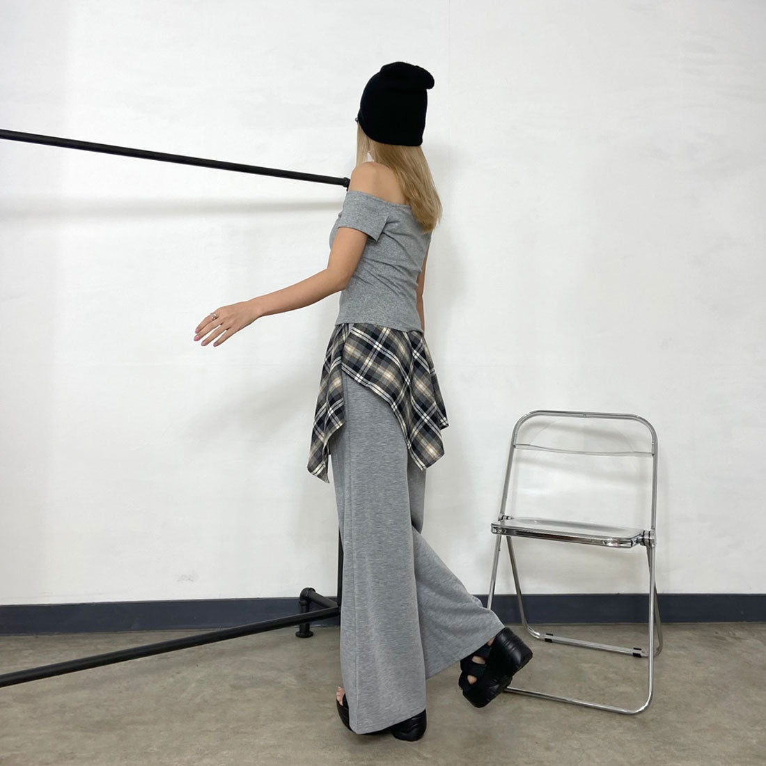 ノンヘッジ non-hedge Tシャツ・チェックレイヤード付きワイドパンツセットアップ (ブラック) ブラック