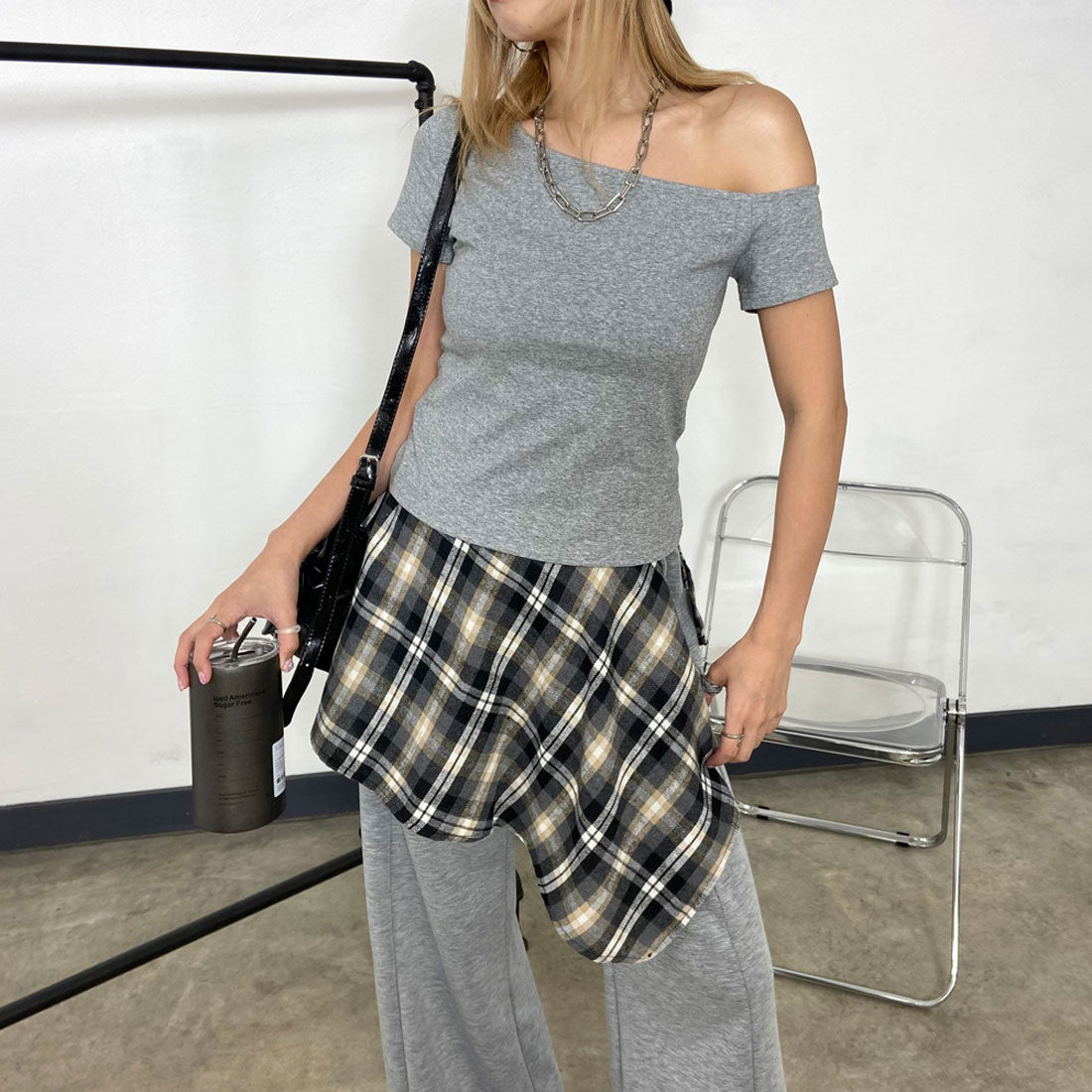 ノンヘッジ non-hedge Tシャツ・チェックレイヤード付きワイドパンツセットアップ (ブラック) ブラック