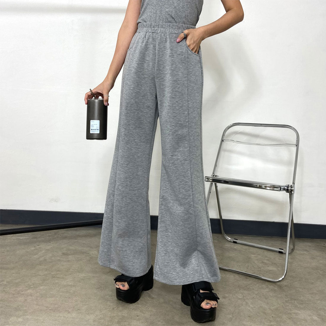 ノンヘッジ non-hedge Tシャツ・チェックレイヤード付きワイドパンツセットアップ (ブラック) ブラック