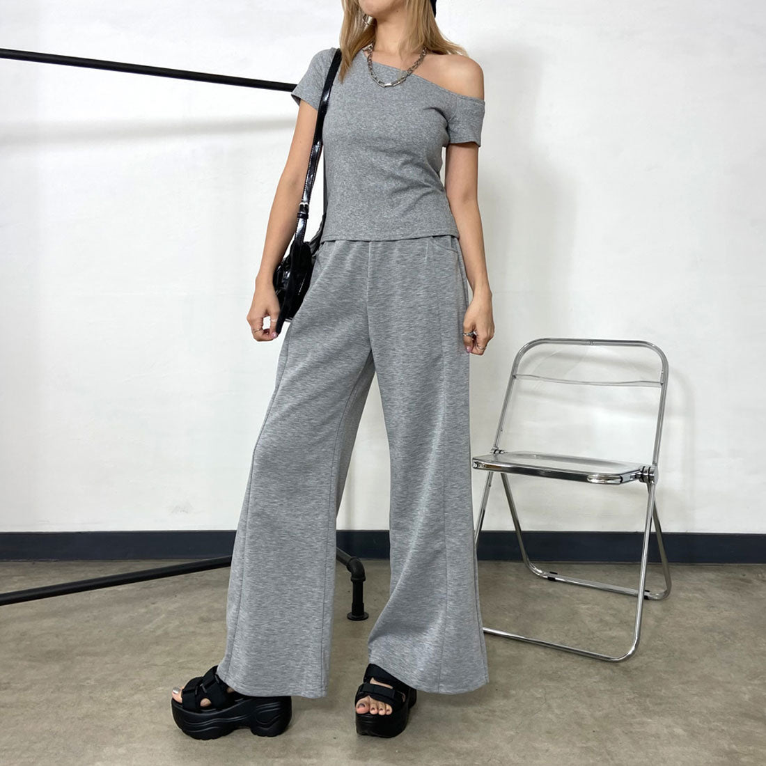 ノンヘッジ non-hedge Tシャツ・チェックレイヤード付きワイドパンツセットアップ (ブラック) ブラック