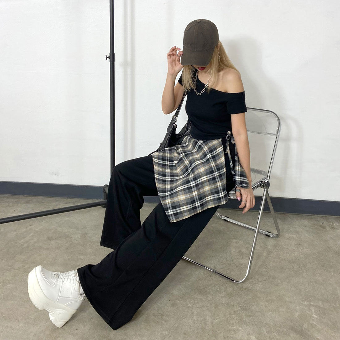 ノンヘッジ non-hedge Tシャツ・チェックレイヤード付きワイドパンツセットアップ (ブラック) ブラック