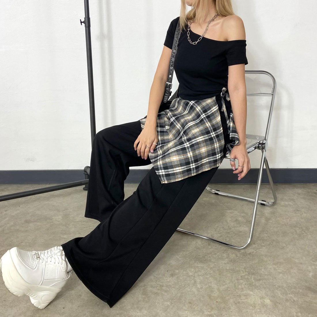 ノンヘッジ non-hedge Tシャツ・チェックレイヤード付きワイドパンツセットアップ (ブラック) ブラック