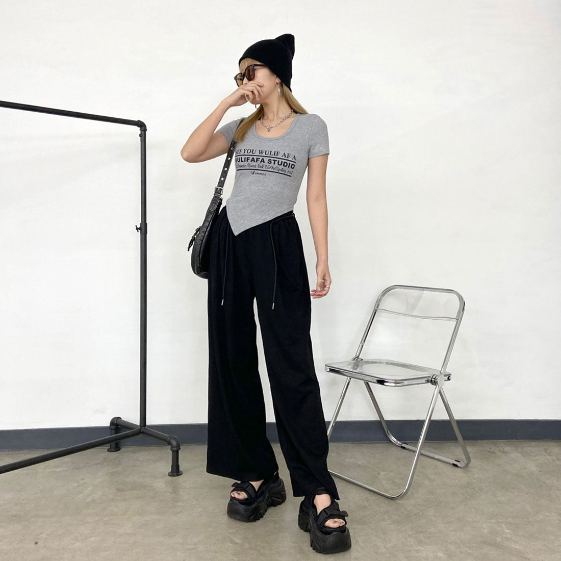 ノンヘッジ non-hedge イレギュラーヘムリブロゴトップス (グレー) グレー