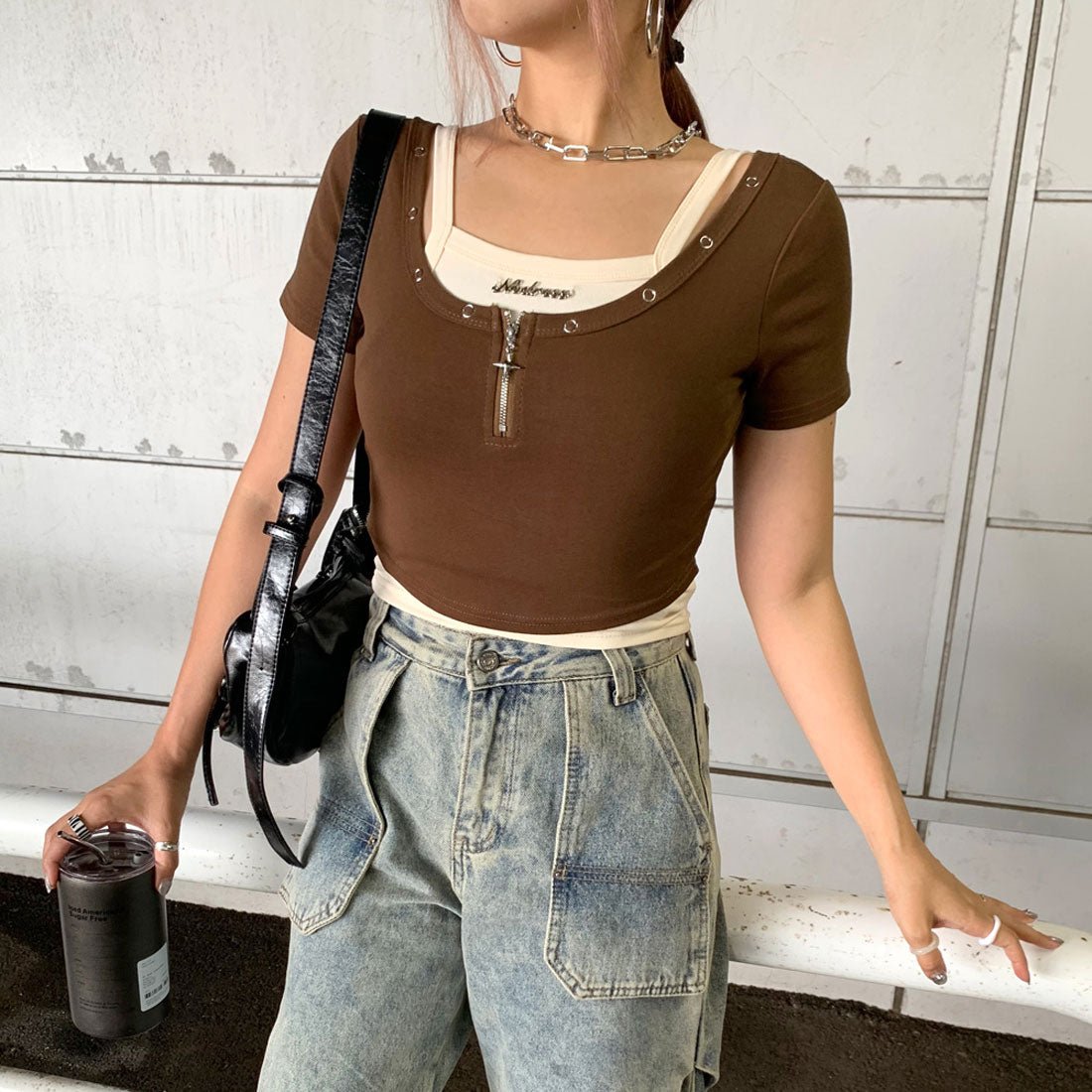 ノンヘッジ non-hedge アンサンブルZIPショートトップス (グレー) グレー