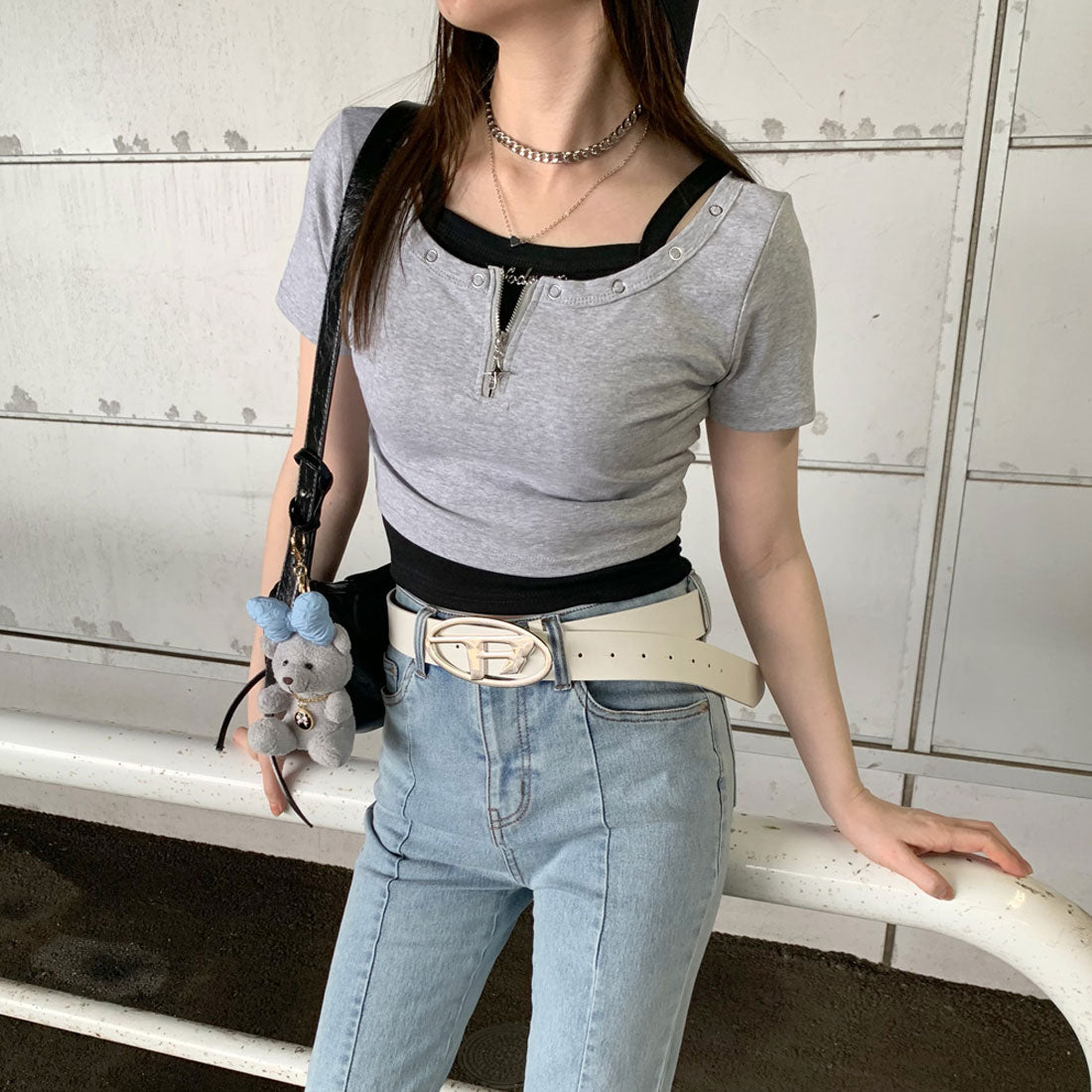 ノンヘッジ non-hedge アンサンブルZIPショートトップス (グレー) グレー