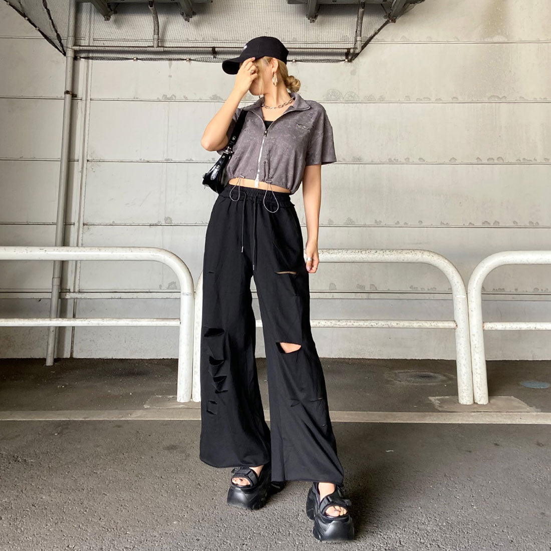 ノンヘッジ non-hedge プレートダメージWZIPトップス (チャコール) チャコール