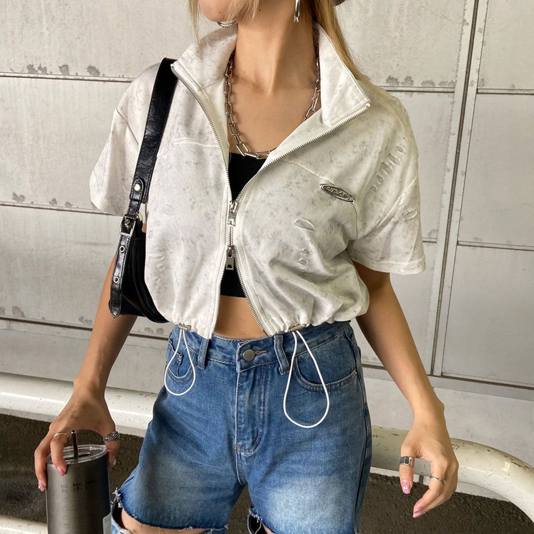 ノンヘッジ non-hedge プレートダメージWZIPトップス (チャコール) チャコール