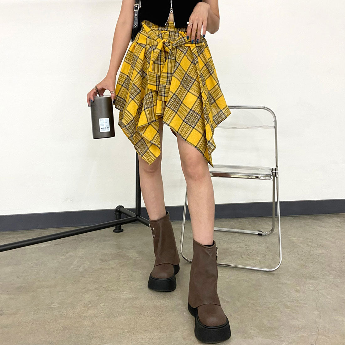 ノンヘッジ non-hedge チェックイレヘムスカート (ネイビー) ネイビー