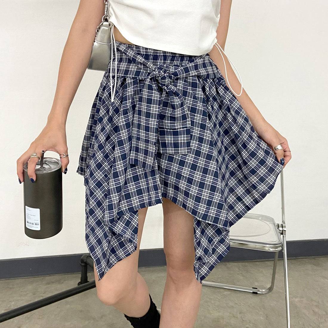 ノンヘッジ non-hedge チェックイレヘムスカート (ネイビー) ネイビー