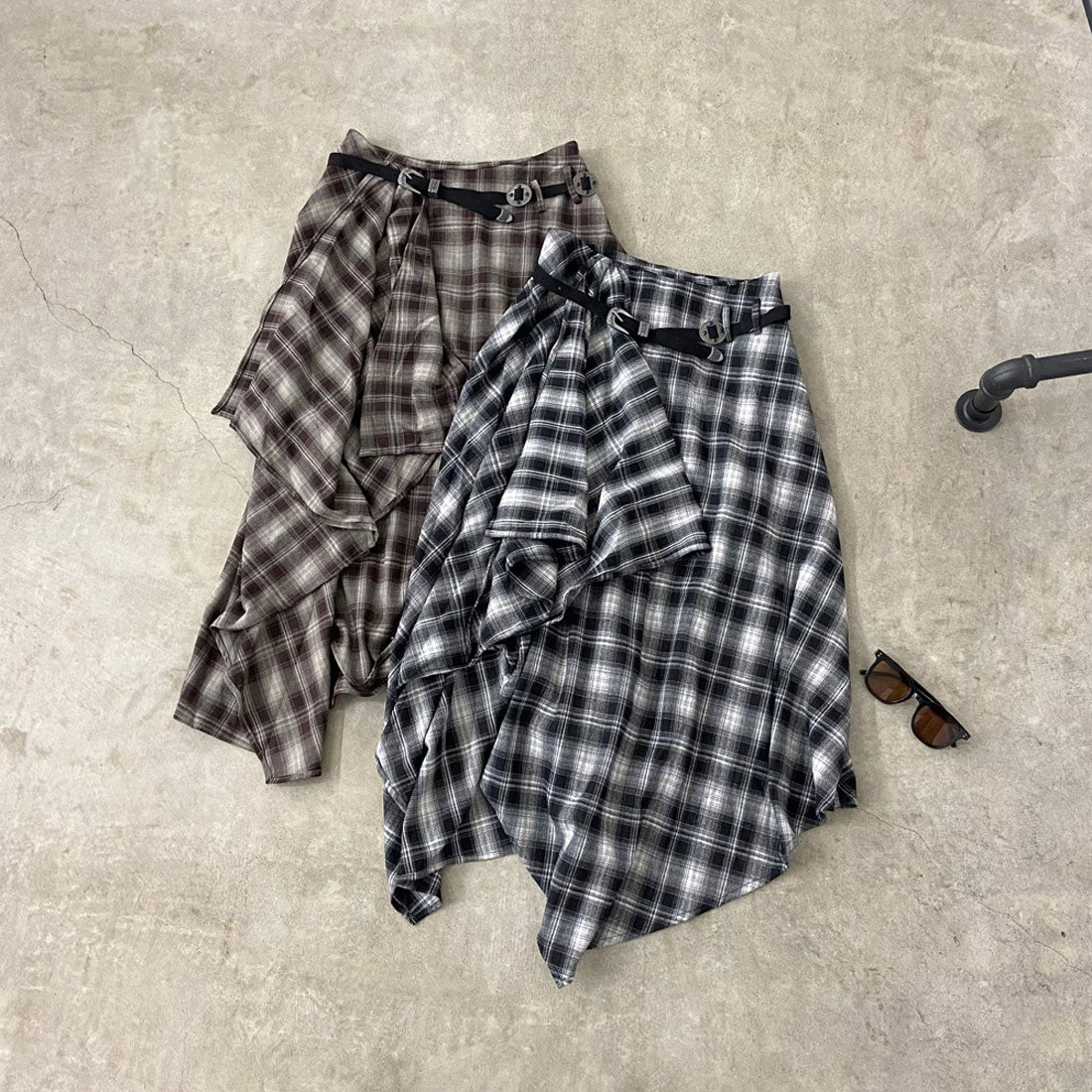 ノンヘッジ non-hedge ベルト付きイレヘムチェックロングスカート (ブラウン) ブラウン