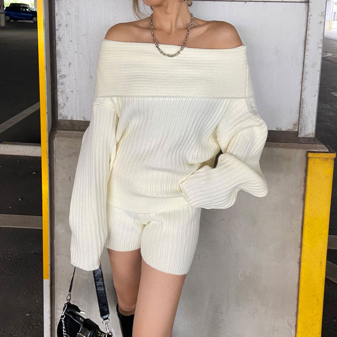 ノンヘッジ non-hedge オフショルニットトップス・ショートパンツセットアップ (モカ) モカ