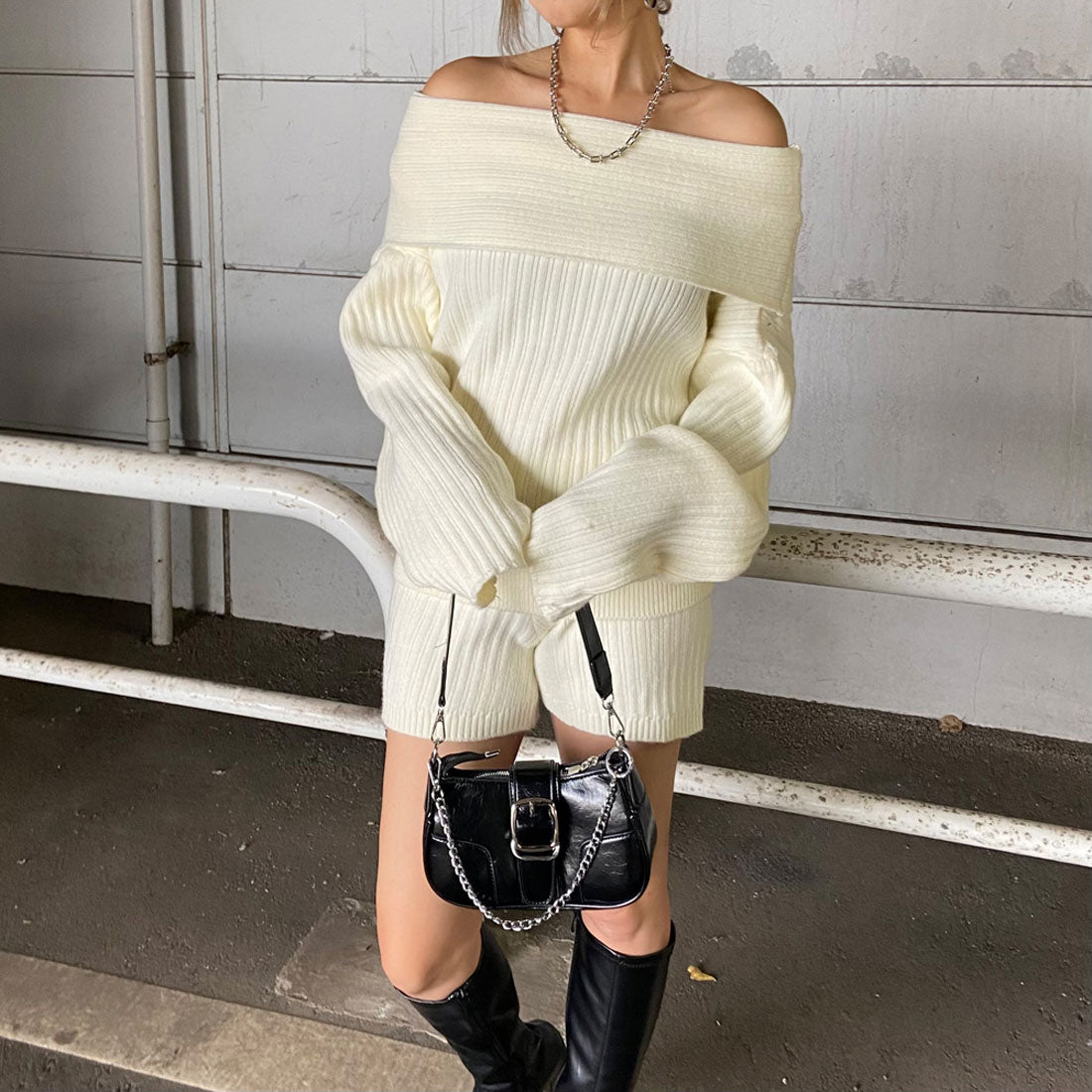 ノンヘッジ non-hedge オフショルニットトップス・ショートパンツセットアップ (モカ) モカ