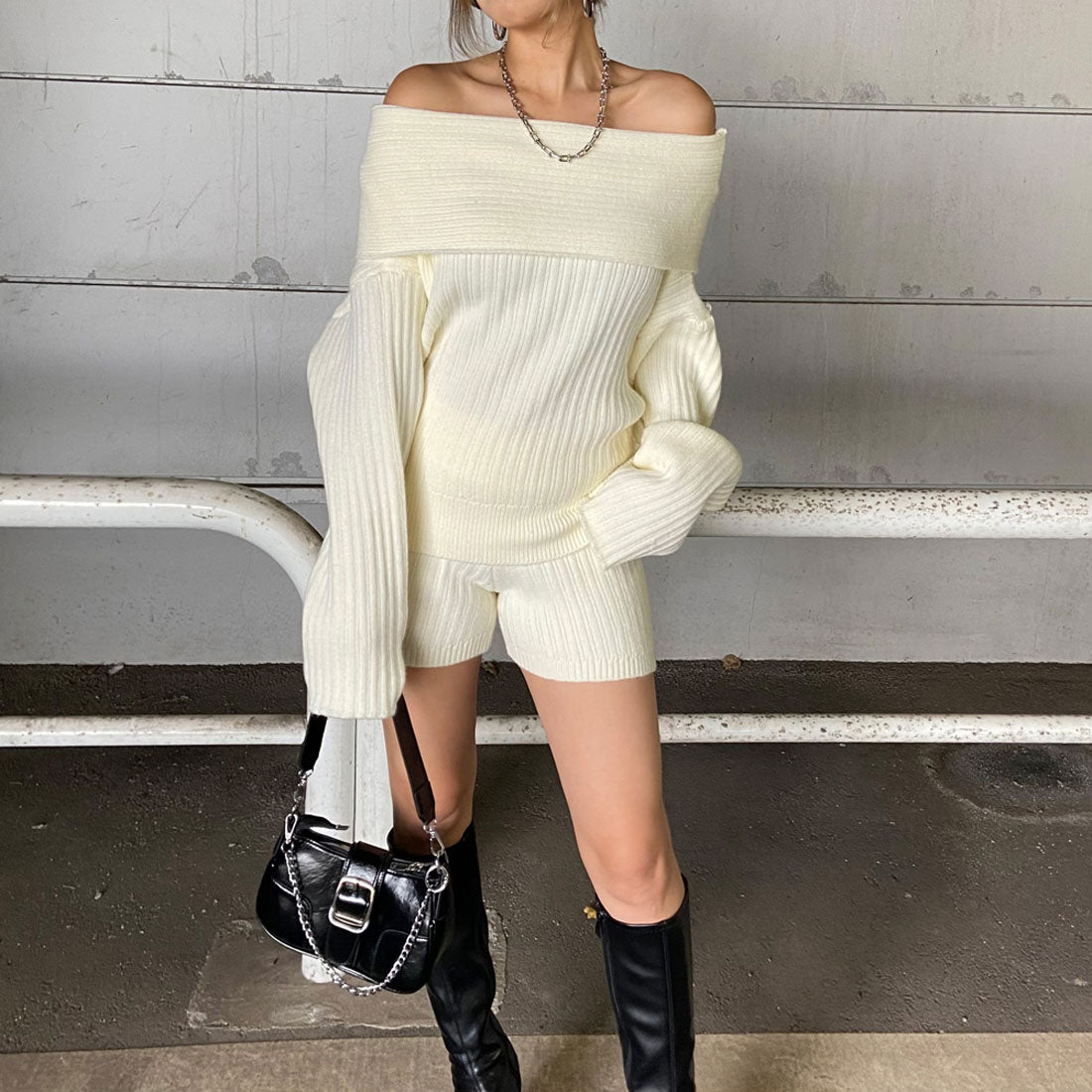 ノンヘッジ non-hedge オフショルニットトップス・ショートパンツセットアップ (モカ) モカ