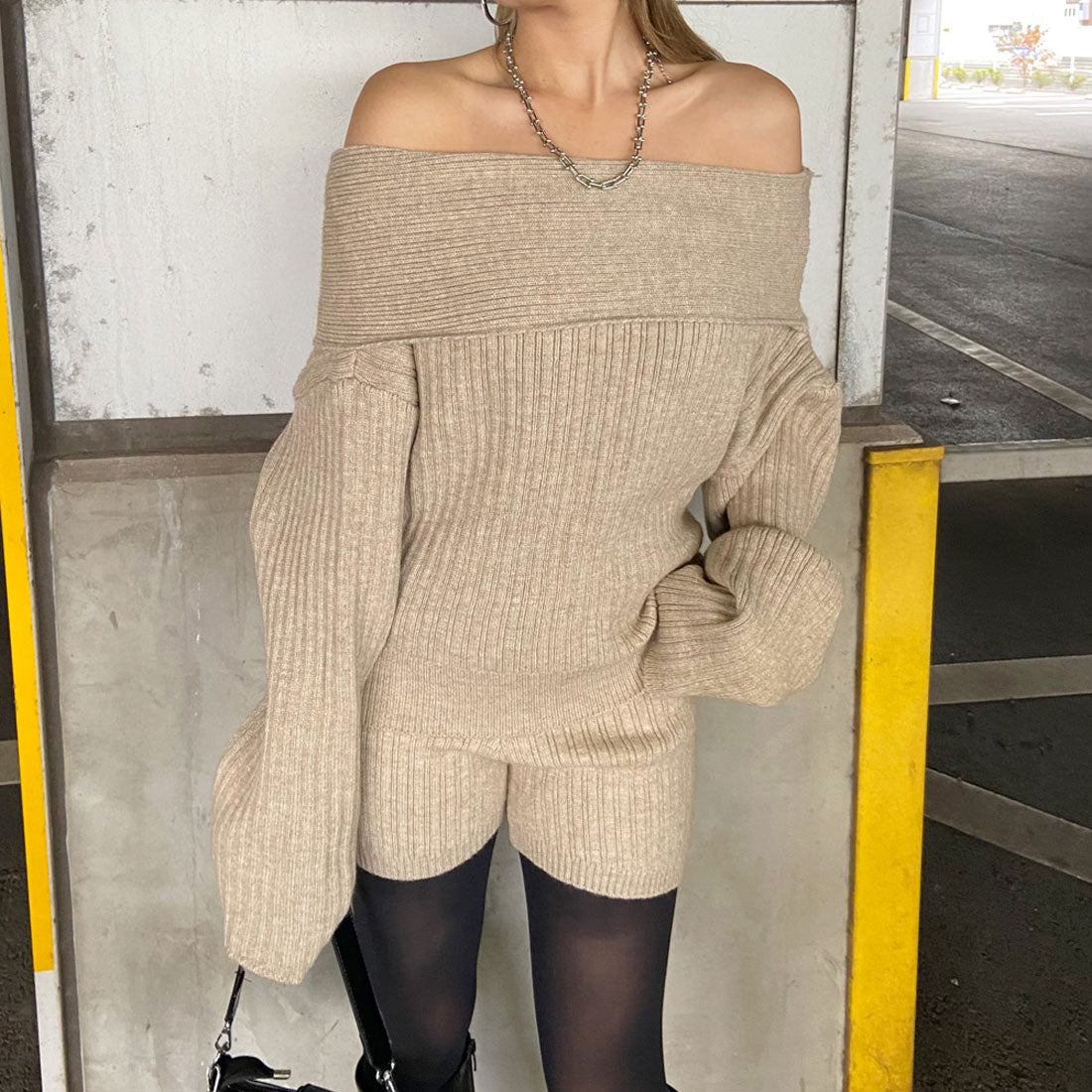 ノンヘッジ non-hedge オフショルニットトップス・ショートパンツセットアップ (モカ) モカ