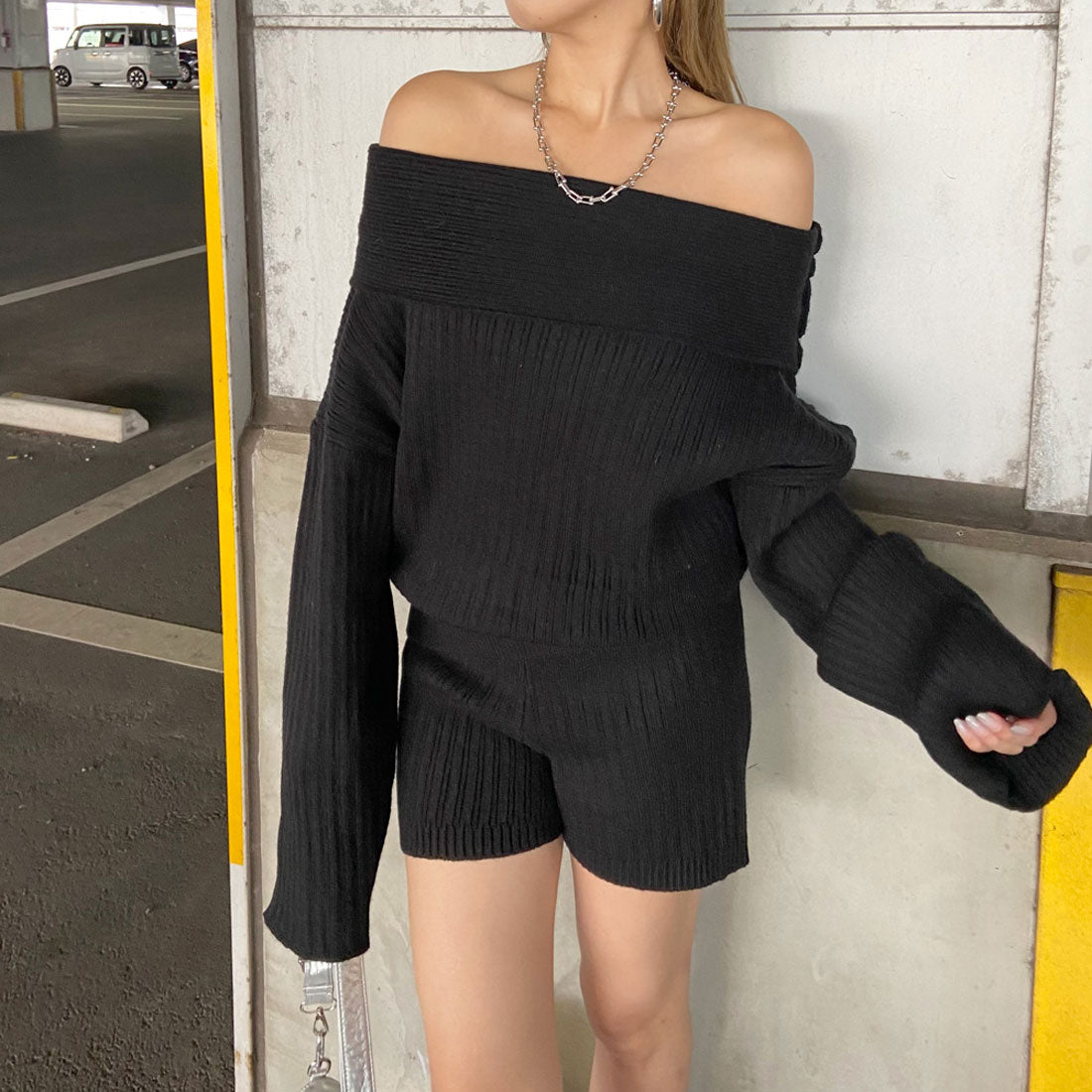 ノンヘッジ non-hedge オフショルニットトップス・ショートパンツセットアップ (モカ) モカ