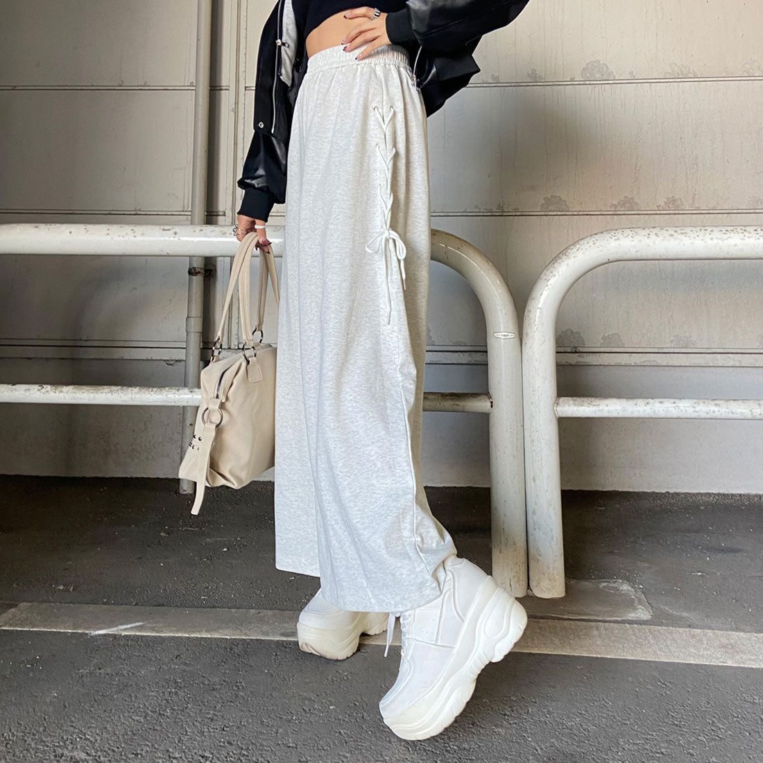 ノンヘッジ non-hedge サイドレースアップカットワイドパンツ (グレー) グレー