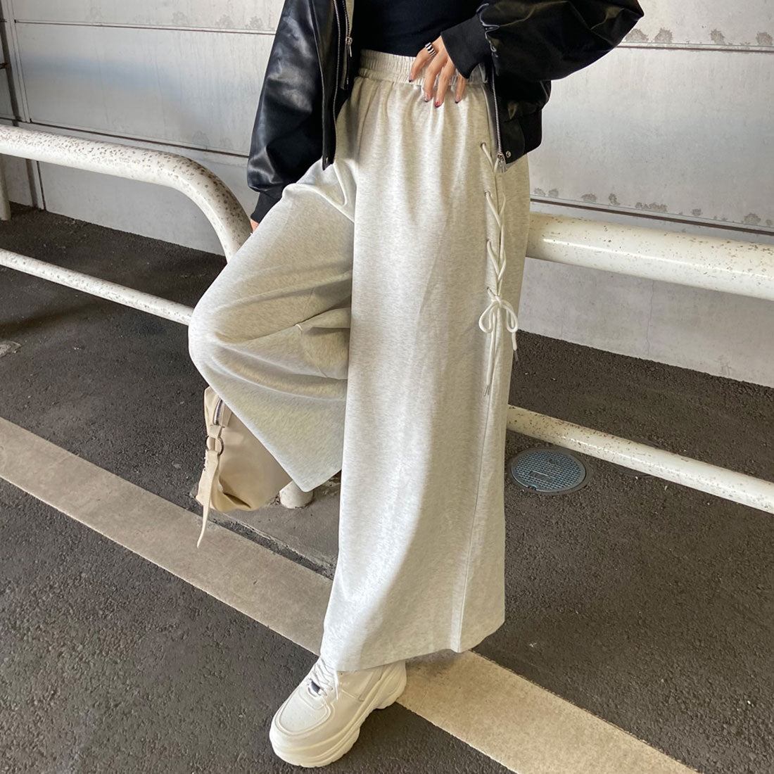 ノンヘッジ non-hedge サイドレースアップカットワイドパンツ (グレー) グレー