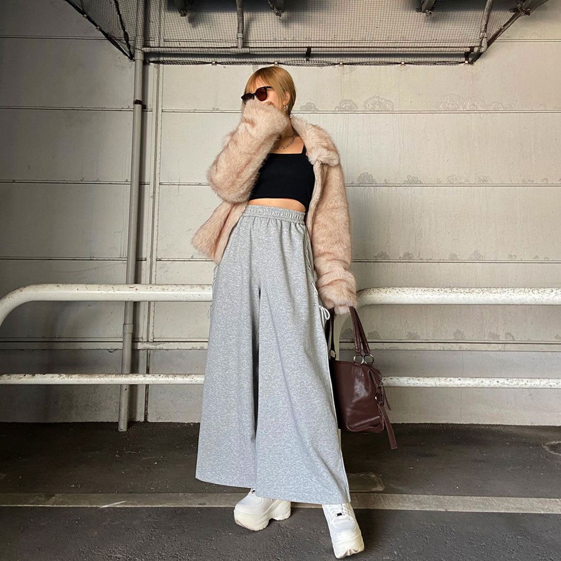 ノンヘッジ non-hedge サイドレースアップカットワイドパンツ (グレー) グレー