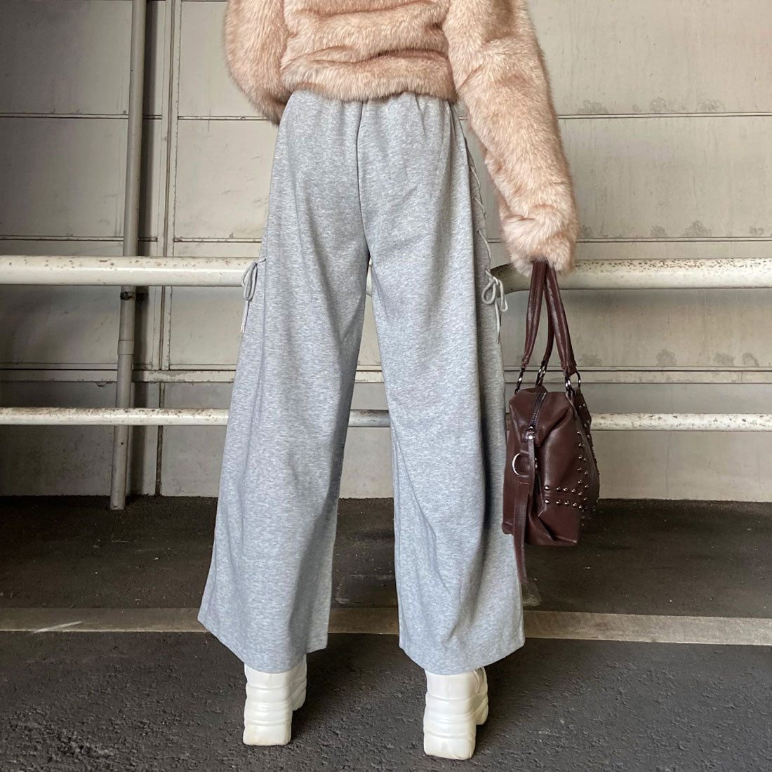 ノンヘッジ non-hedge サイドレースアップカットワイドパンツ (グレー) グレー