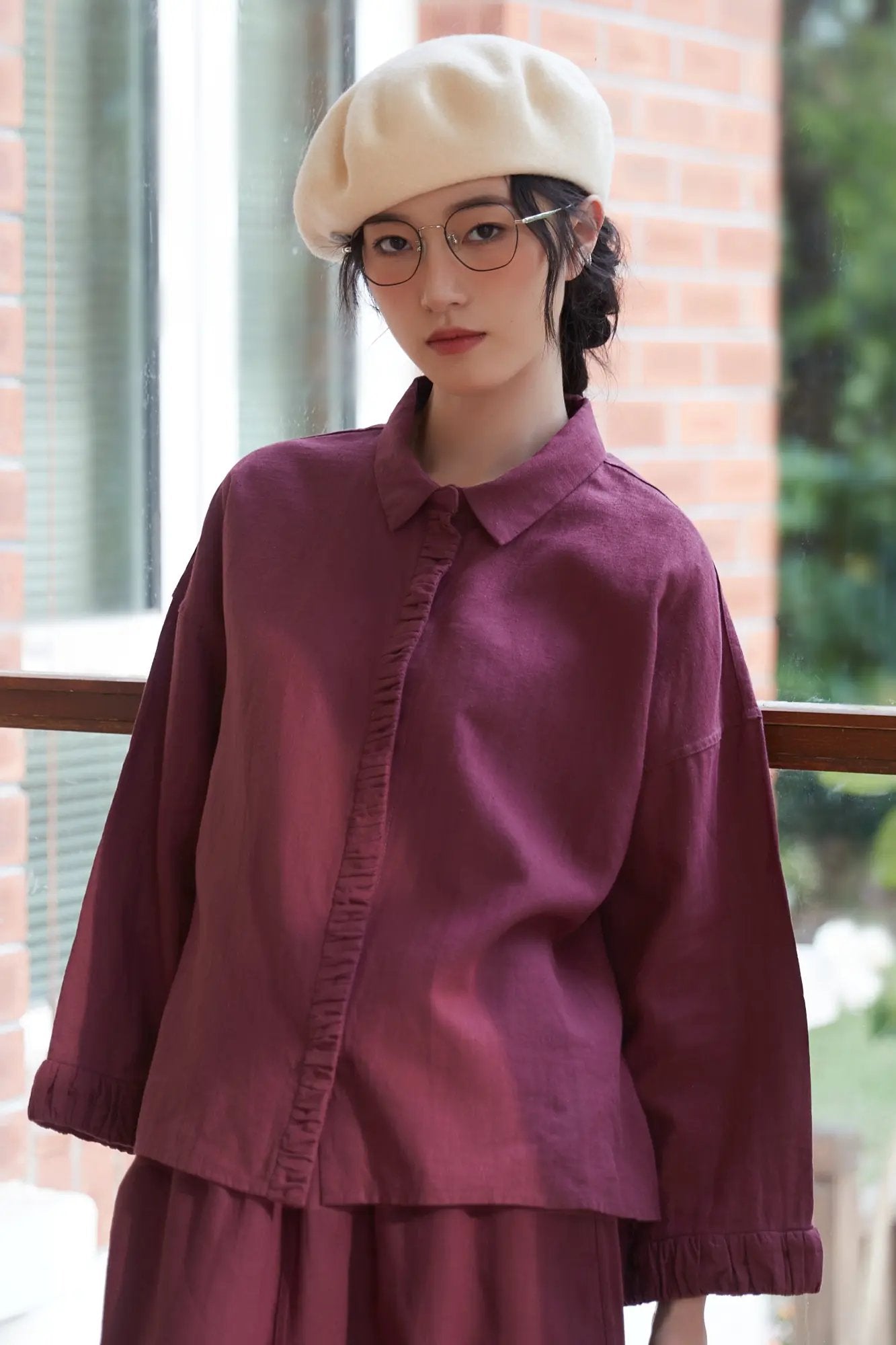 オンワンズオン On One's Own ギャザーカフス&プラケットリネン綿シャツジャケット,RASPBERRY