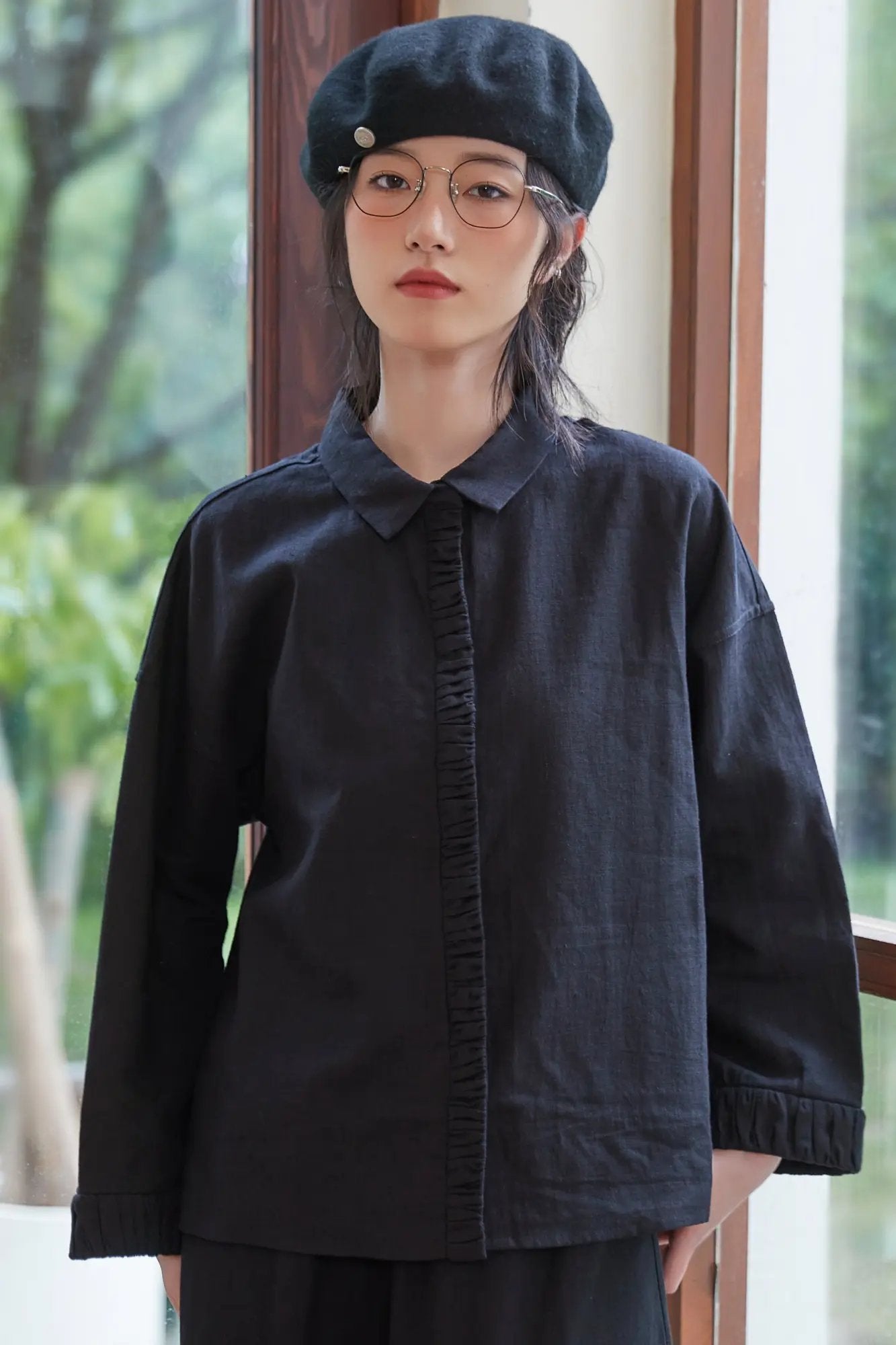 オンワンズオン On One's Own ギャザーカフス&プラケットリネン綿シャツジャケット,BLACK