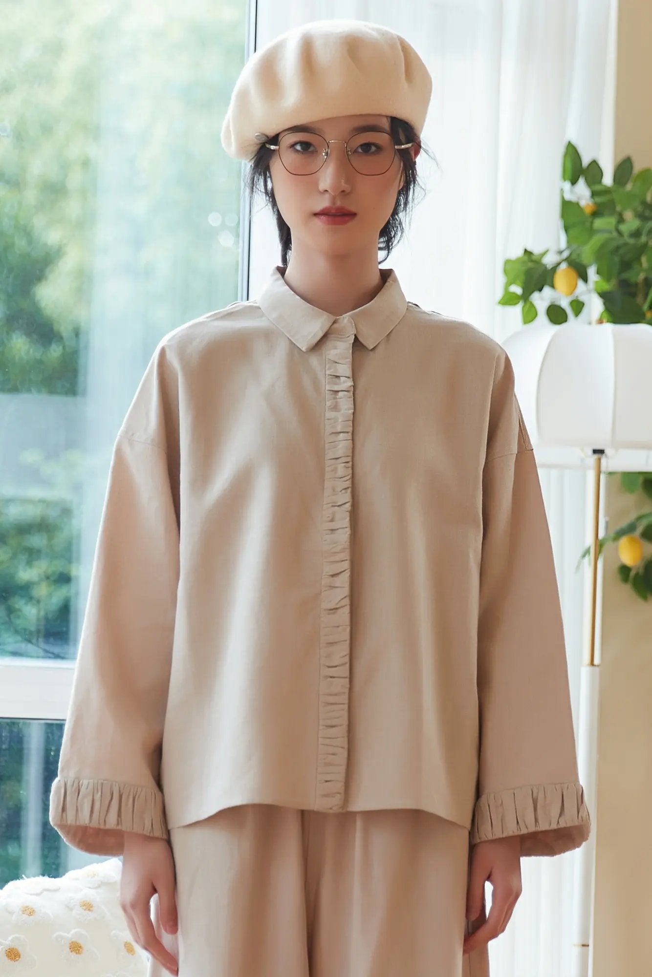 オンワンズオン On One's Own ギャザーカフス&プラケットリネン綿シャツジャケット,BEIGE