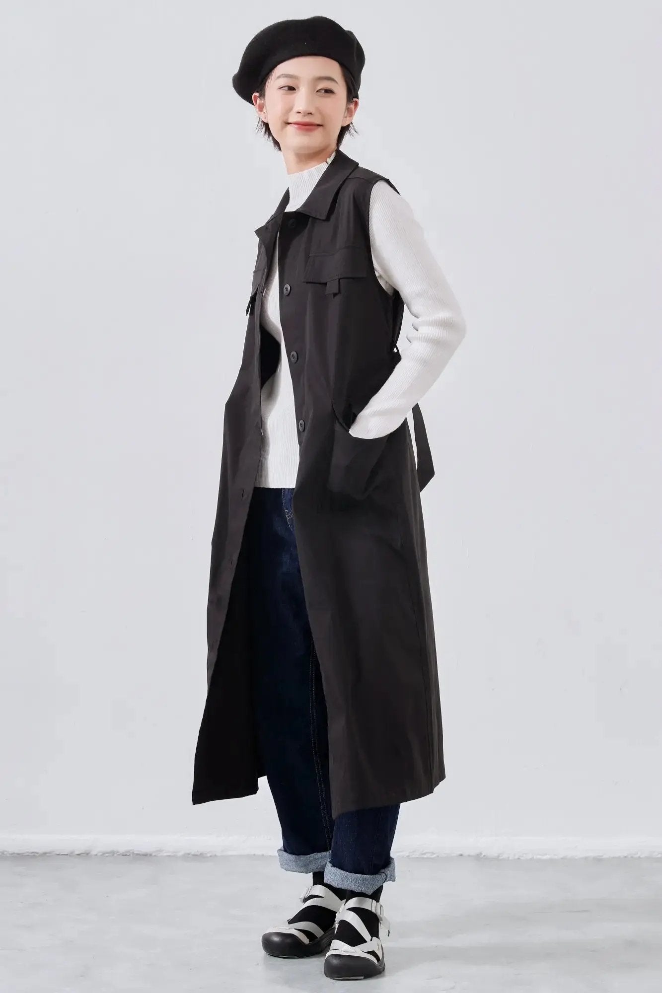 On One's Own Military Long Vest - Military Style One-Piece - Workman Vest - Big Pockets - With Belt