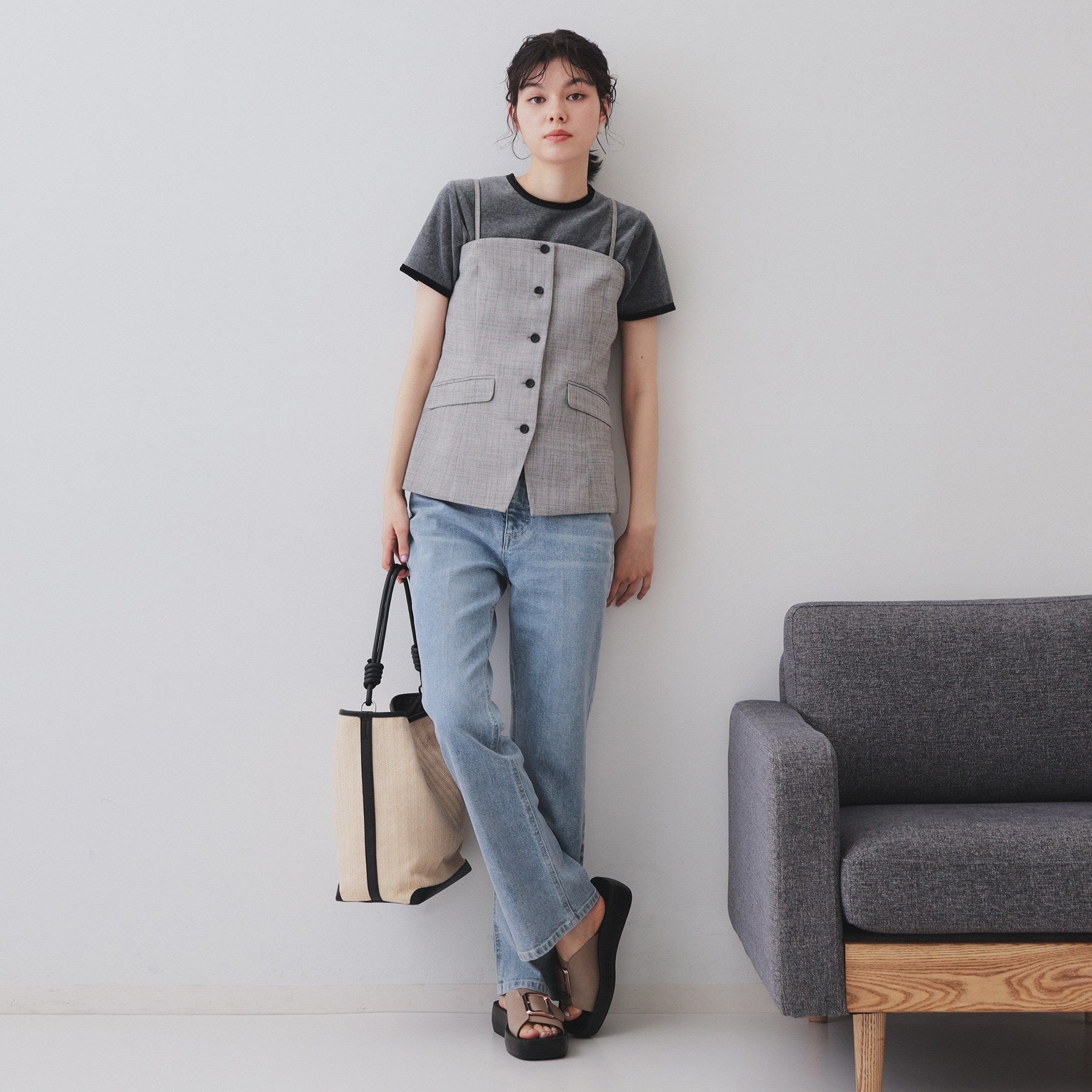 オペーク ドット クリップ OPAQUE.CLIP メランジビスチェ風ジレ/セットアップ対応可【洗濯機洗い可】 (グレー(012)) グレー(012)