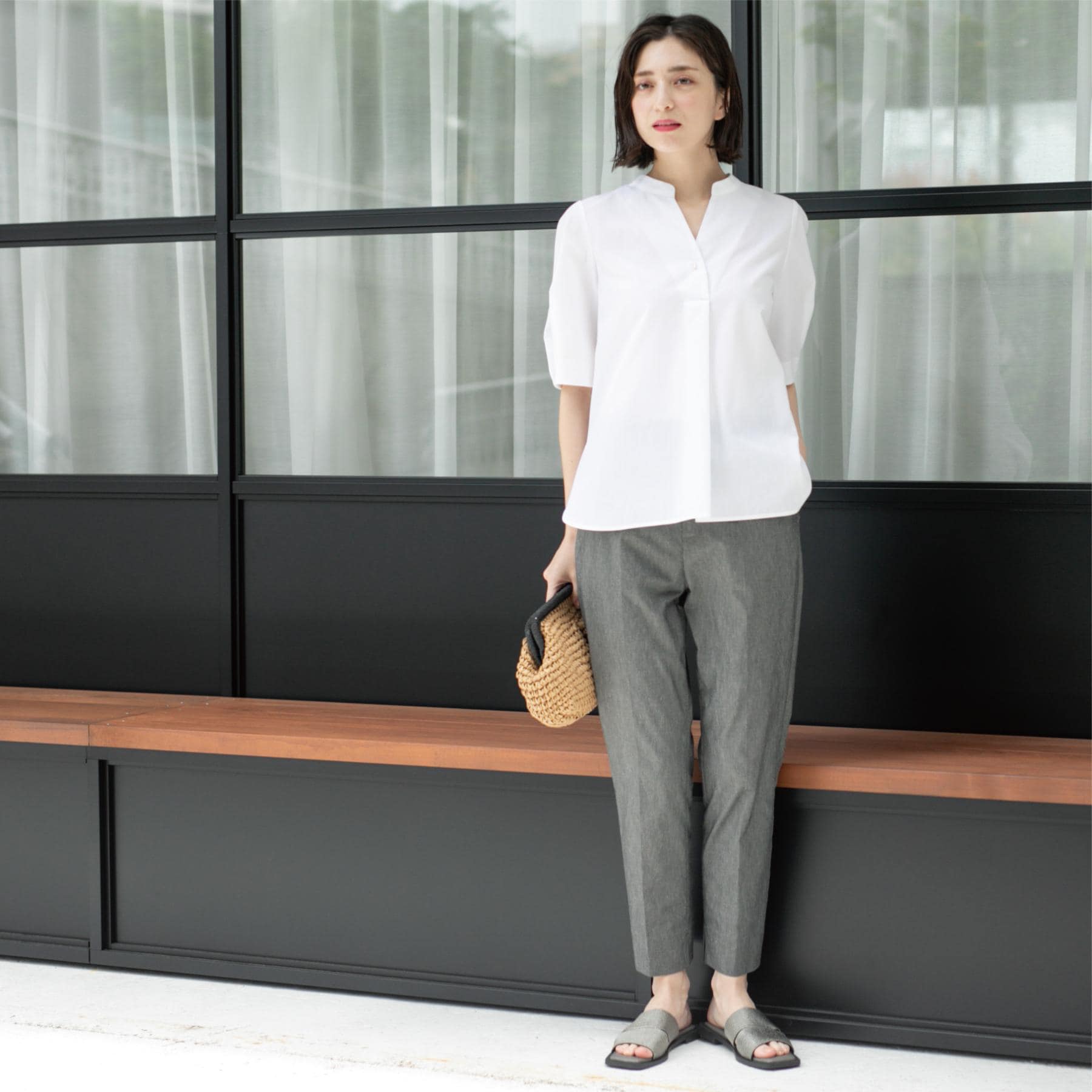 オペーク ドット クリップ OPAQUE.CLIP 麻混ハイストレッチイージースティックパンツ【洗濯機洗い可】 (ベージュ(052)) ベージュ(052)