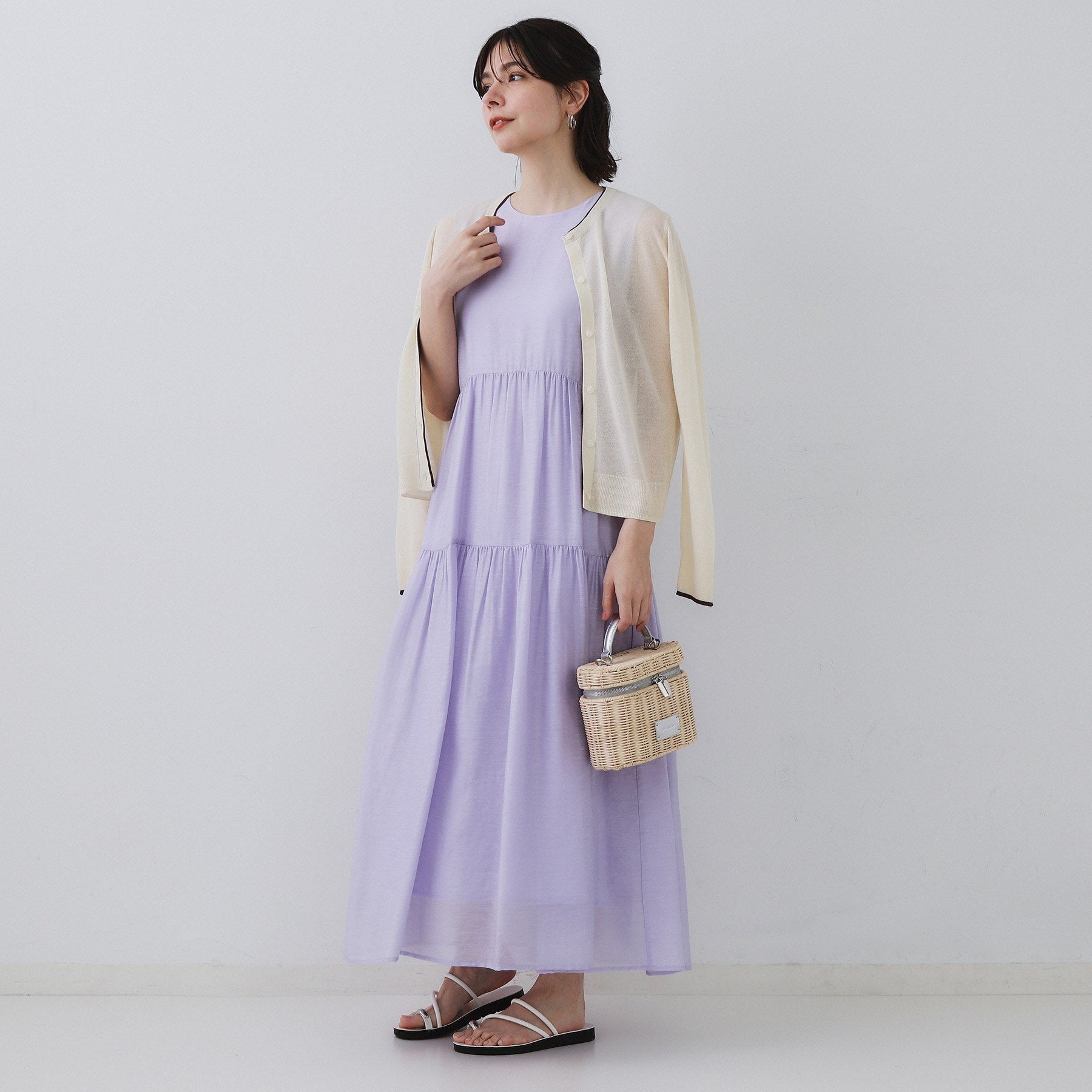 オペーク ドット クリップ OPAQUE.CLIP 麻混シアーギャザーティアードワンピース【洗濯機洗い可】 (ブラウン(044)) ブラウン(044)