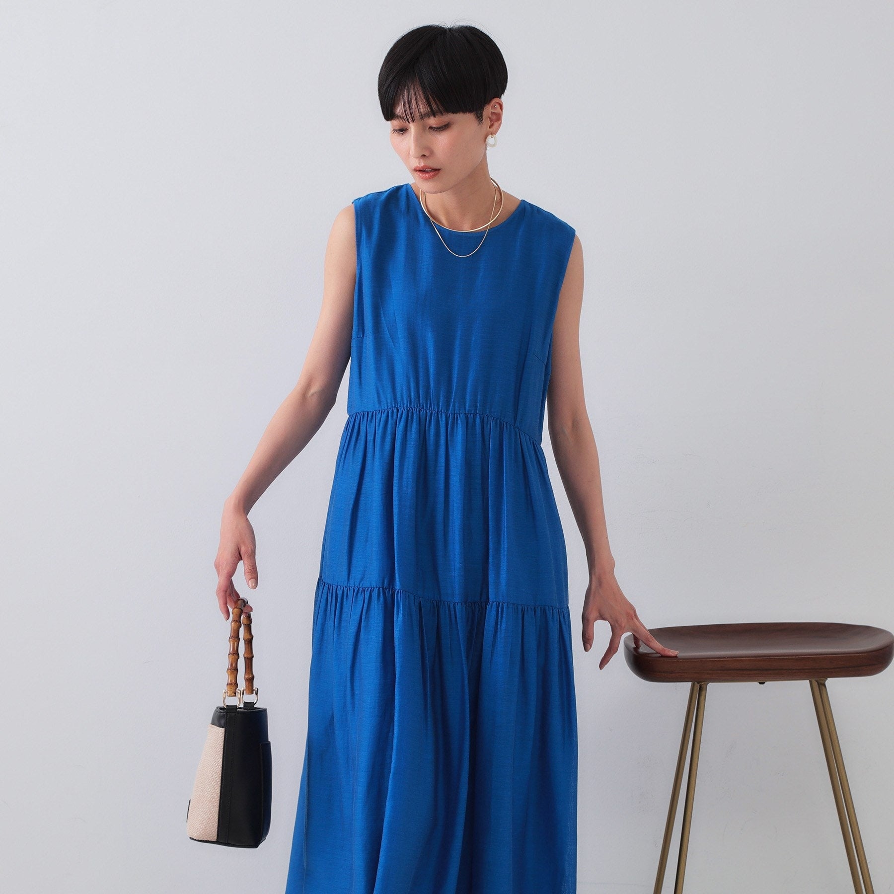 オペーク ドット クリップ OPAQUE.CLIP 麻混シアーギャザーティアードワンピース【洗濯機洗い可】 (ブラウン(044)) ブラウン(044)