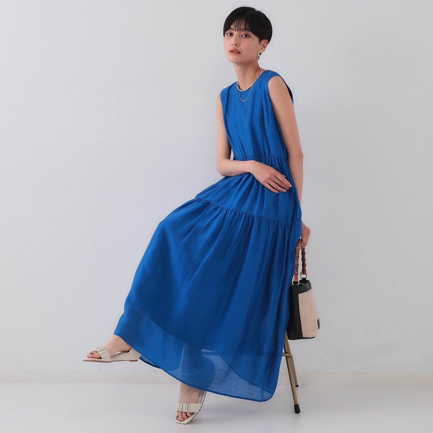 オペーク ドット クリップ OPAQUE.CLIP 麻混シアーギャザーティアードワンピース【洗濯機洗い可】 (ブラウン(044)) ブラウン(044)